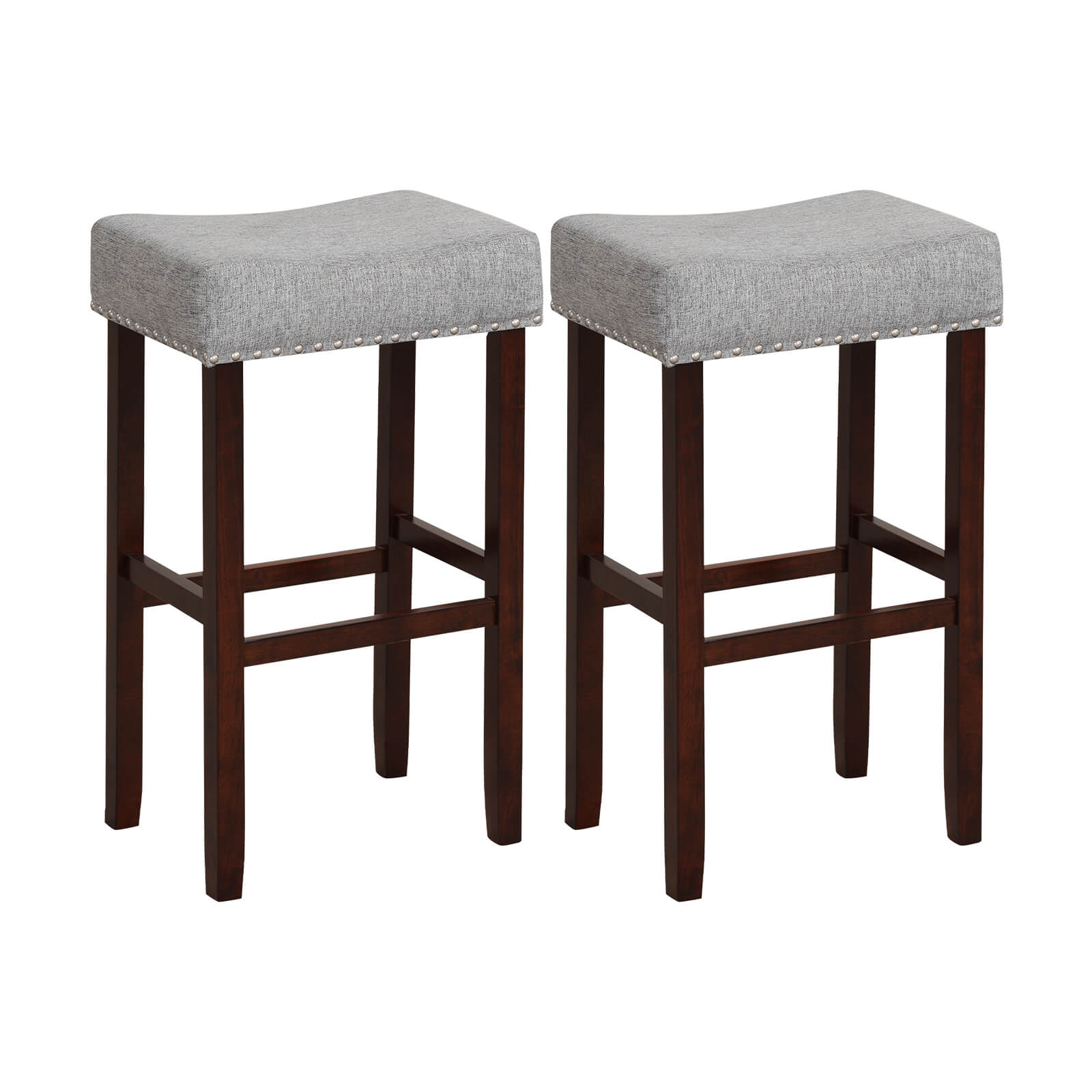 29 Inch Set of 2 Height Upholstered Bar Stool with Solid Rubber Wood Legs and Footrest-Gray