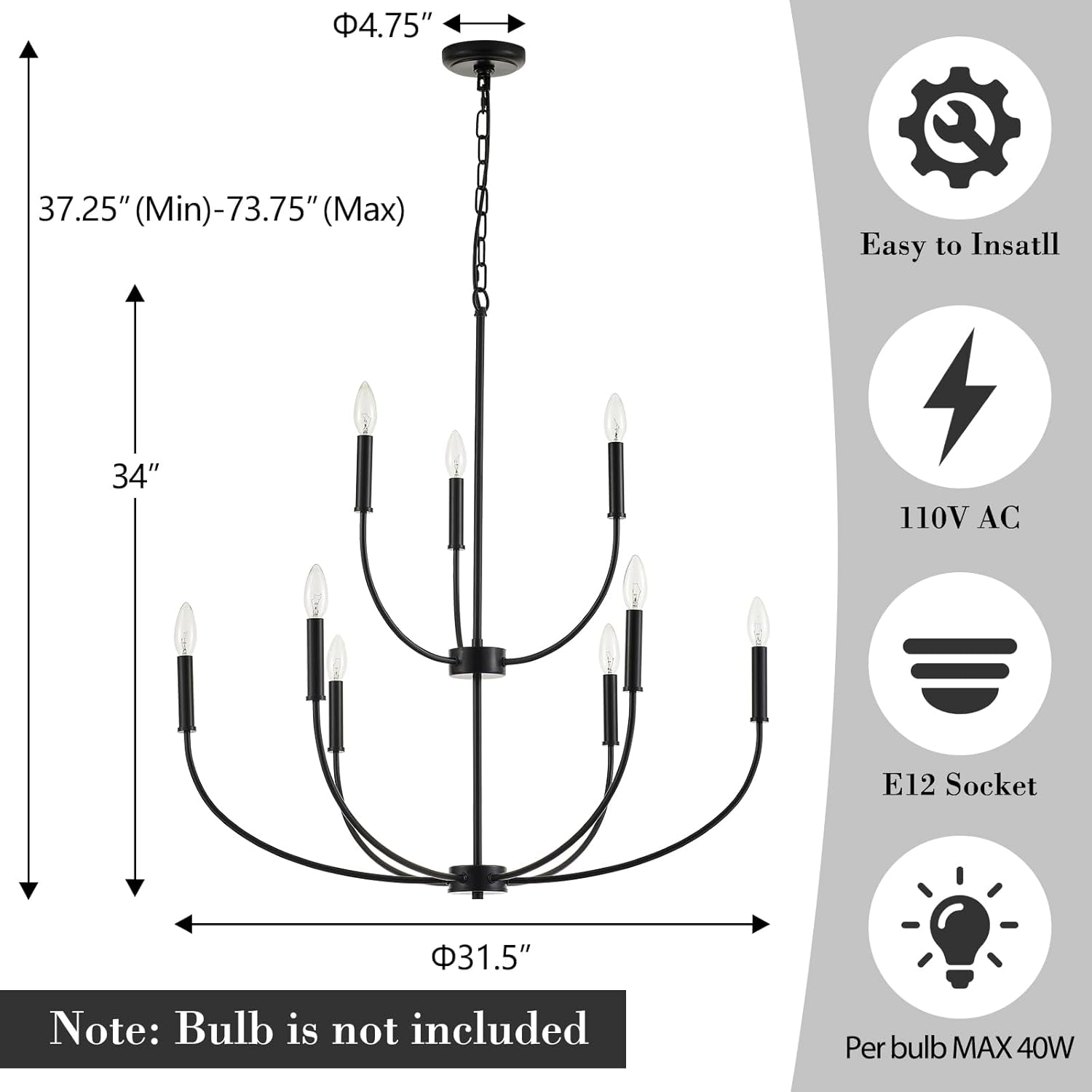 Nine Light Black Chandelier For Entryway Modern Farmhouse