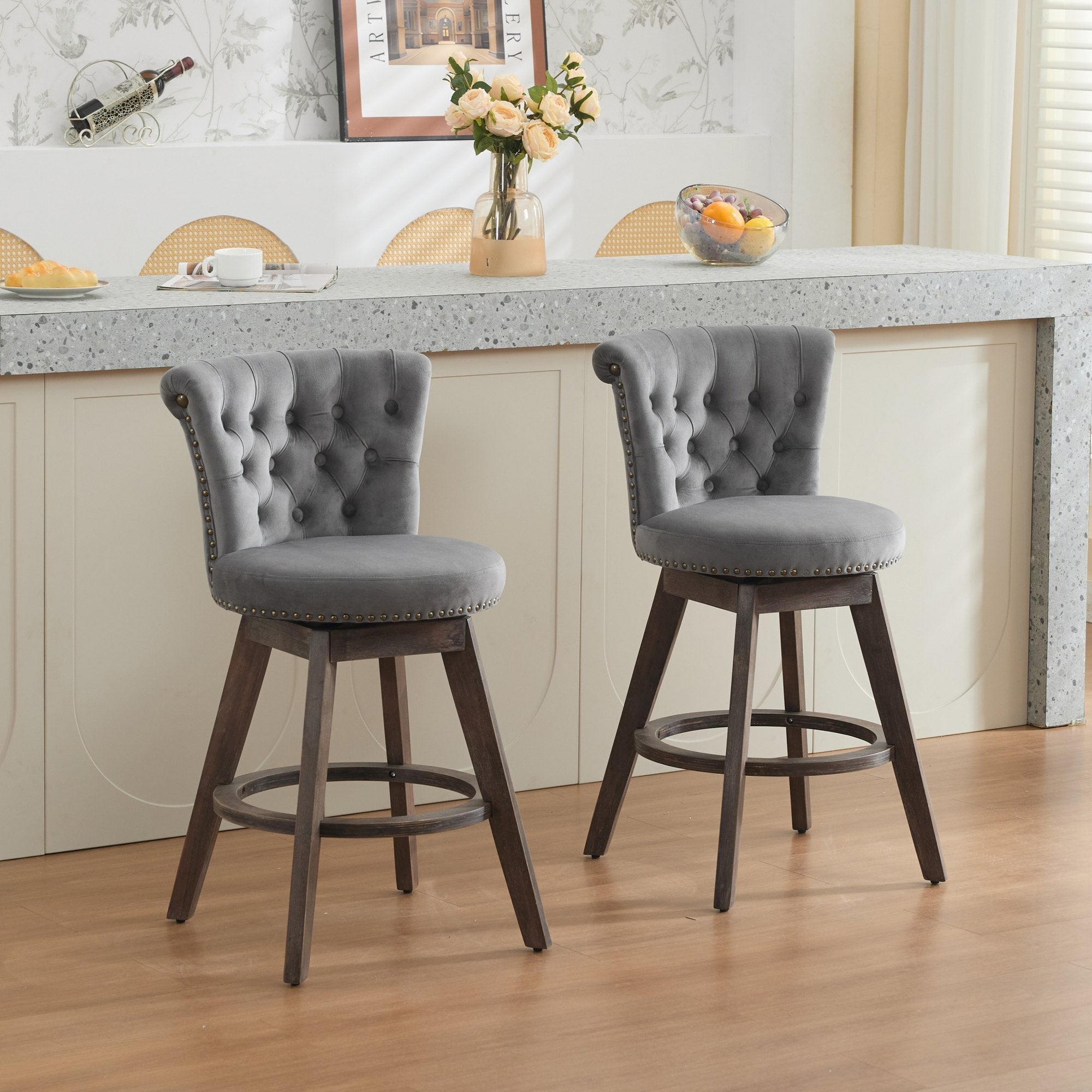 26" Counter Height Bar Stools Set of 2 with 360° Swivel and Velvet Upholstery