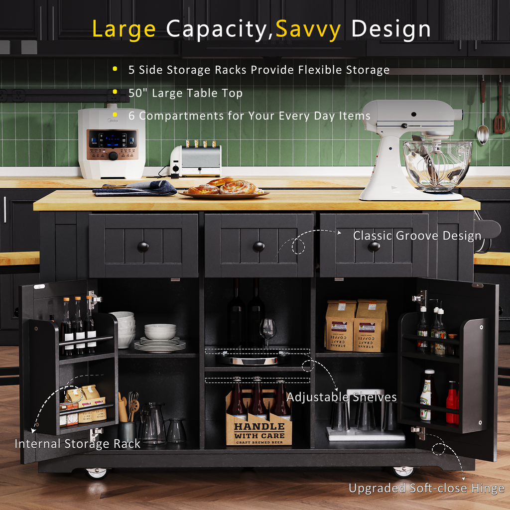 K&K 53inch Large Kitchen Island with 2 Bar Stools, Power Outlet,Door Internal Storage Rack, Kitchen Storage Cart on 5 Wheels with Drop Leaf, 5 Open Side Racks, 3 Drawers, for Kitchen,Dining Room,Black