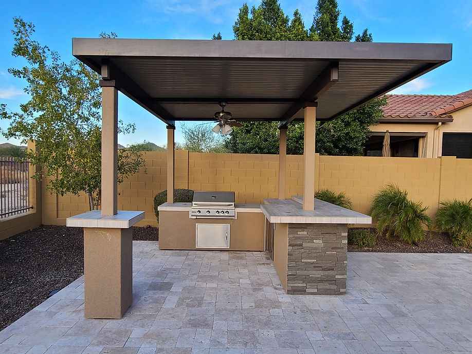 KoKoMo Outdoor Kitchen BBQ Island with 12' x 12' Pergola – Built-In 4-Burner Grill, Refrigerator, and Lighting