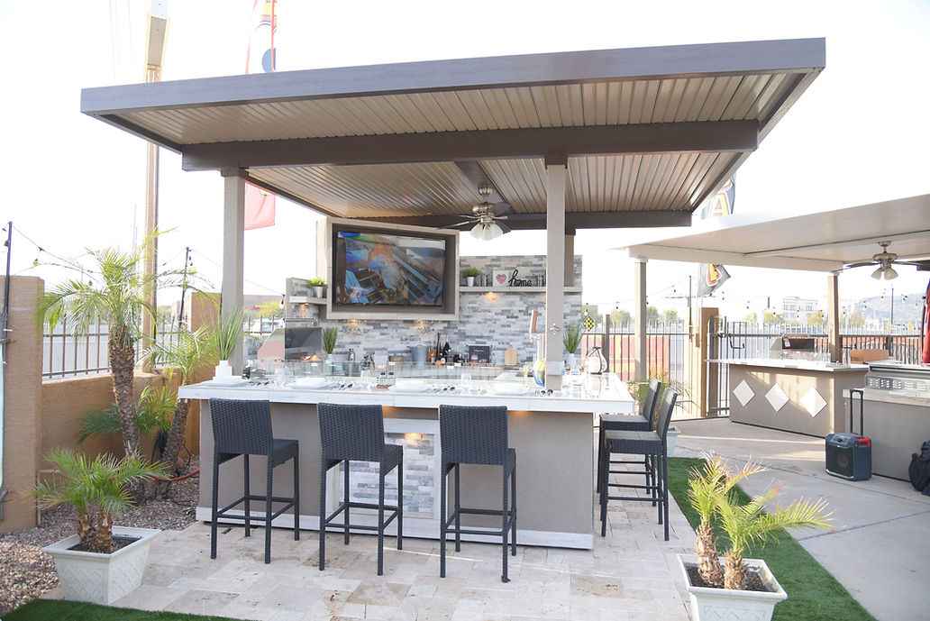 KoKoMo Bermuda Kitchen BBQ Island with Built-In TV, Fire Pit & Bar for Ultimate Outdoor Entertaining