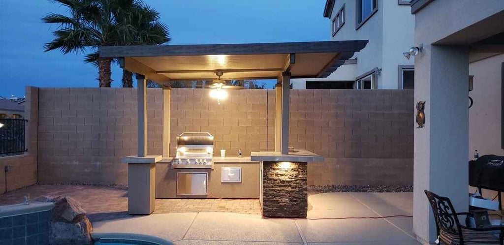 KoKoMo Outdoor Kitchen BBQ Island with 12' x 12' Pergola – Built-In 4-Burner Grill, Refrigerator, and Lighting