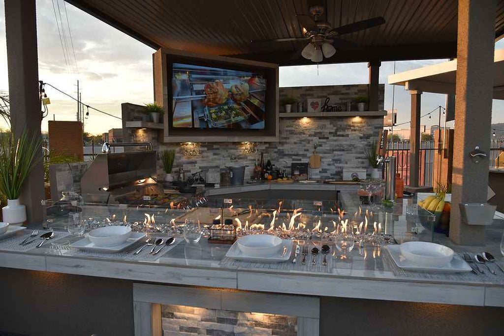 KoKoMo Bermuda Kitchen BBQ Island with Built-In TV, Fire Pit & Bar for Ultimate Outdoor Entertaining
