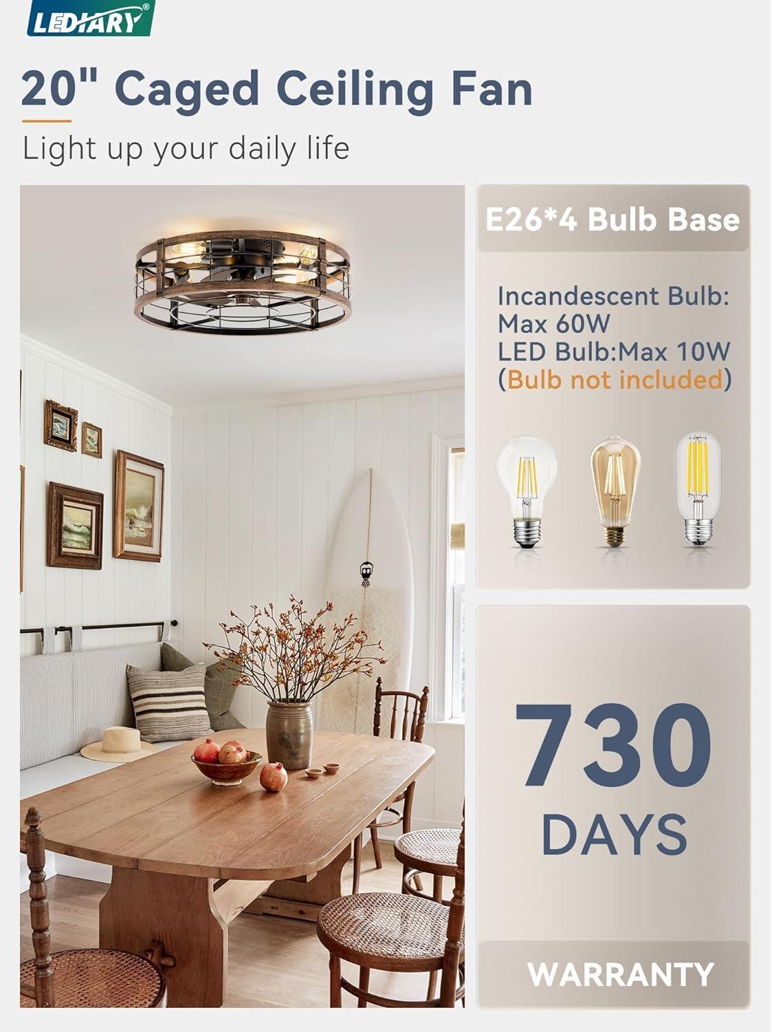 20 Inch Farmhouse Enclosed Ceiling Fan With Integrated LED Remote For Bedroom Kitchen Patio