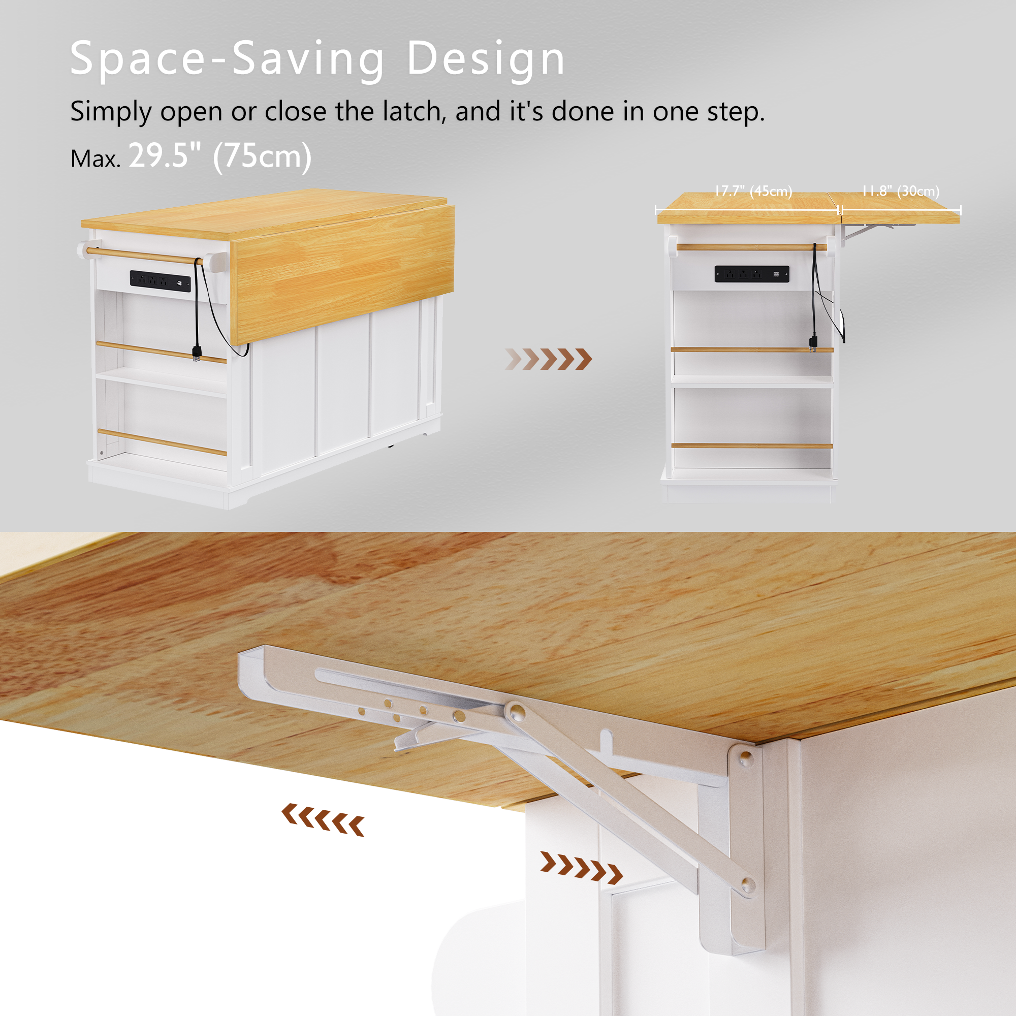 K&K 53inch Large Kitchen Island with 2 Bar Stools, Power Outlet,Door Internal Storage Rack, Kitchen Storage Cart on 5 Wheels with Drop Leaf, 5 Open Side Racks, 3 Drawers, for Kitchen,Dining Room,White