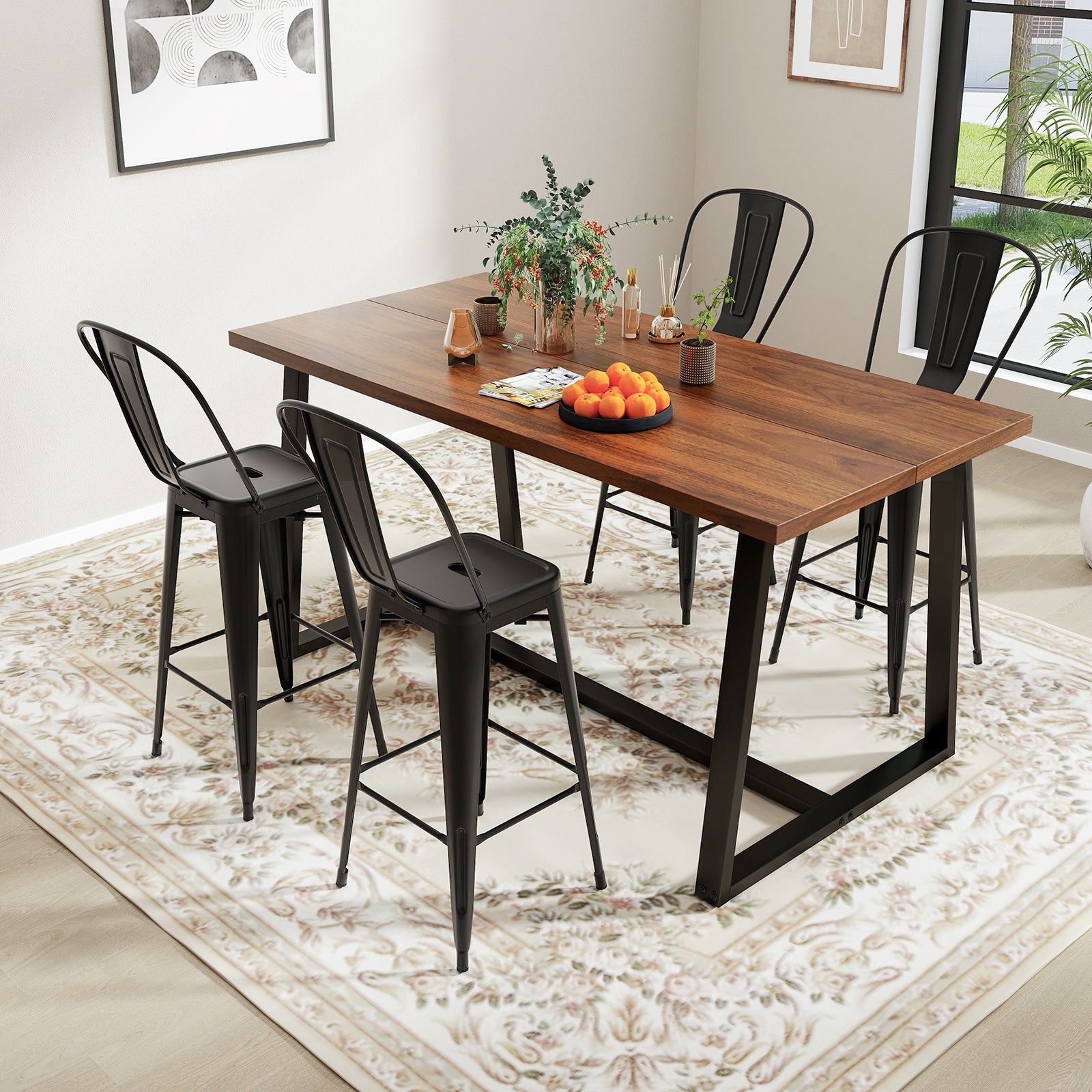 Set of 4 Bar Height Chairs Stackable Metal Bar Stools with Removable Backrest-Black