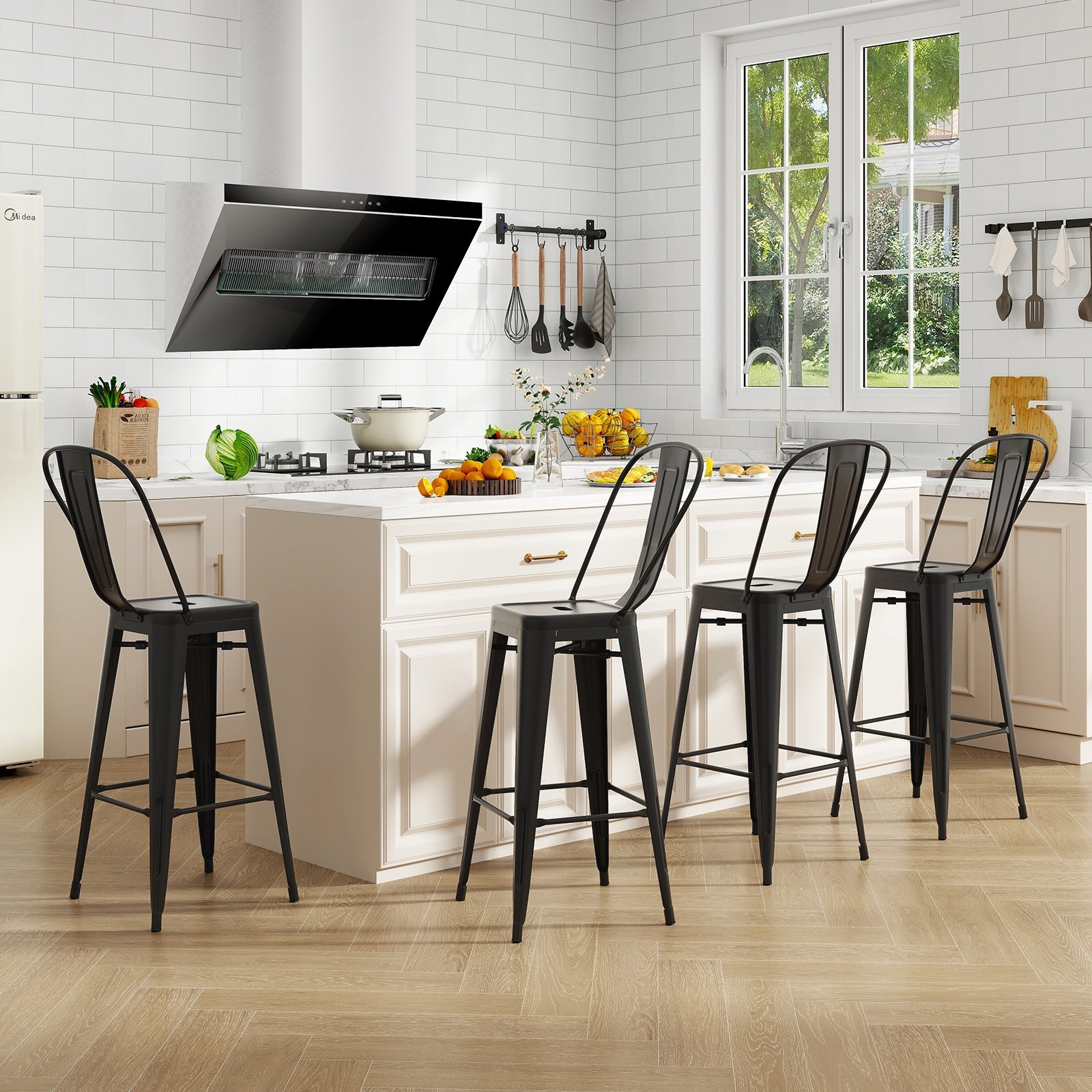 Set of 4 Bar Height Chairs Stackable Metal Bar Stools with Removable Backrest-Black