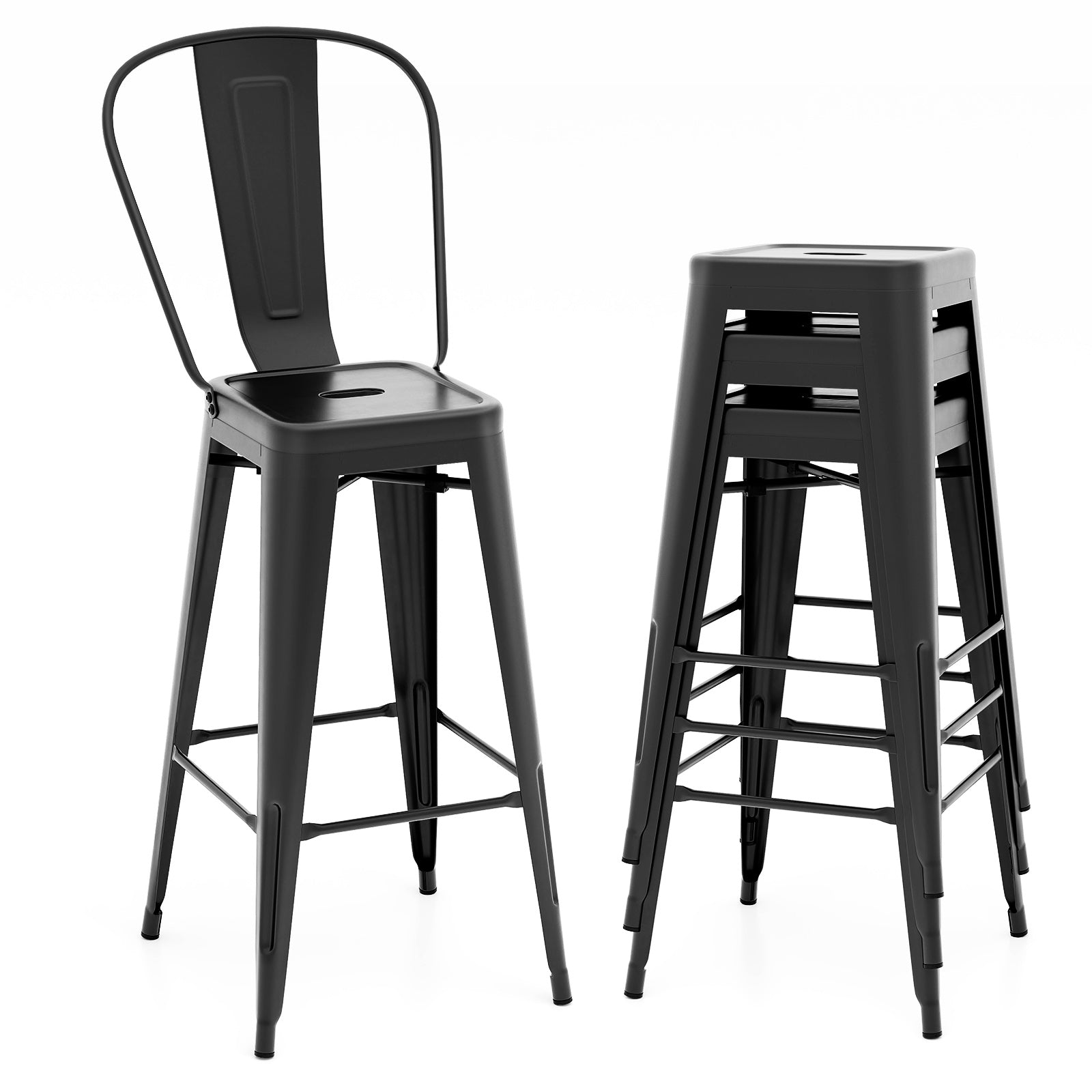 Set of 4 Bar Height Chairs Stackable Metal Bar Stools with Removable Backrest-Black