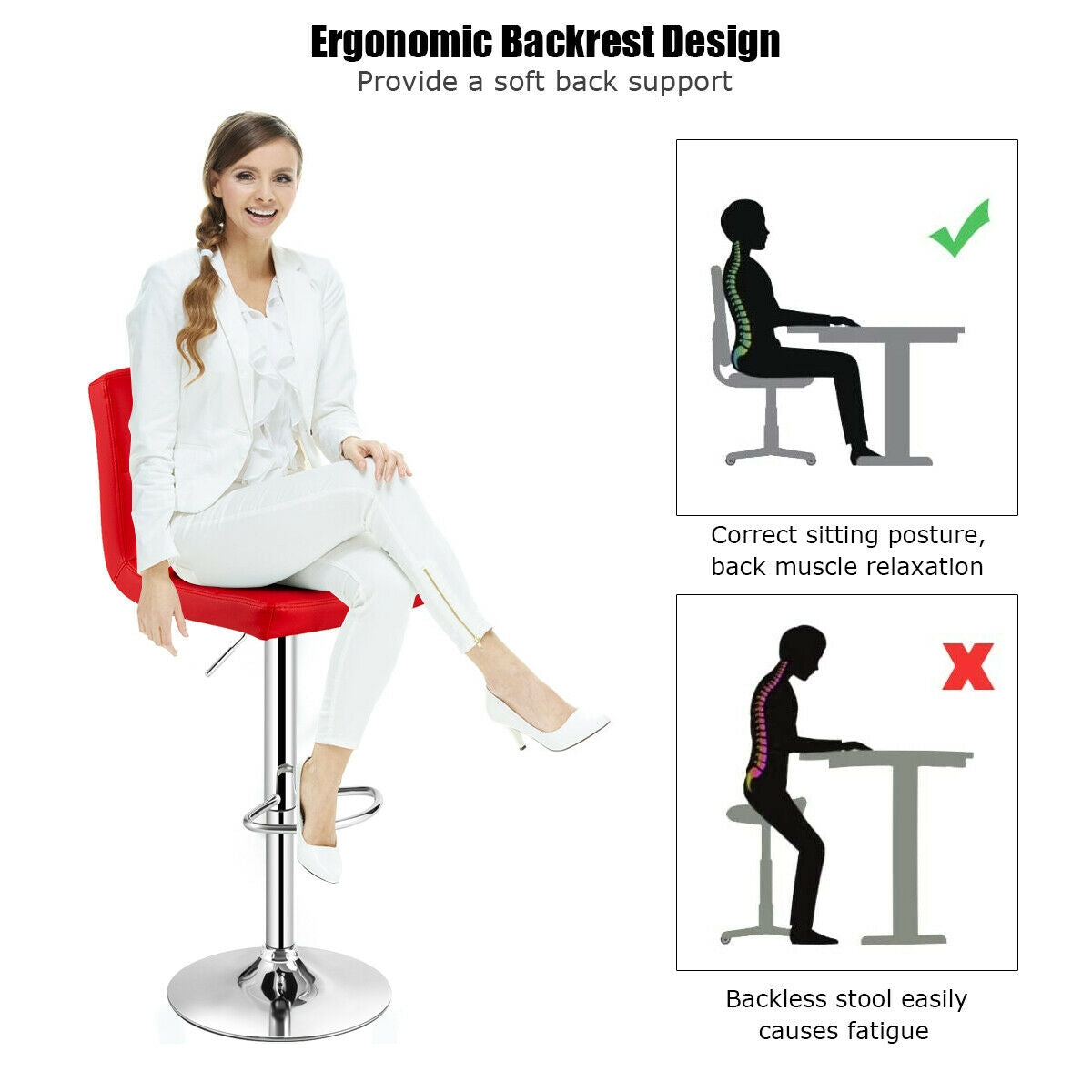 Set of 2 Square Swivel Adjustable PU Leather Bar Stools with Back and Footrest-Red