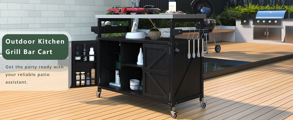 K&K Outdoor Kitchen Island with Rolling Bar Cart and Storage Cabinet