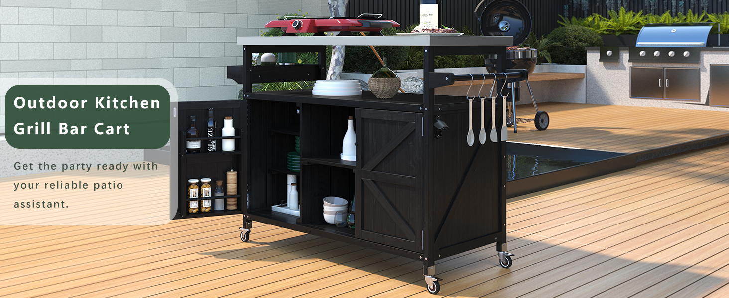 K&K Outdoor Kitchen Island with Rolling Bar Cart and Storage Cabinet