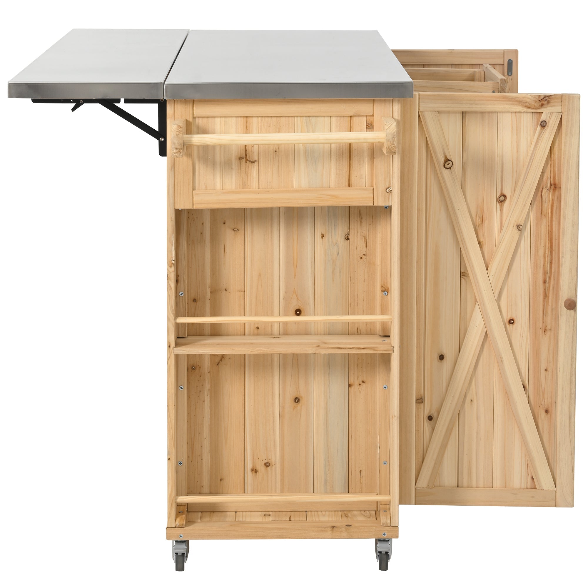 Outdoor Kitchen Island Fir Wood Kitchen Island with Stainless Steel Top, Ample Storage Space, Towel and Spice Racks, Bottle Opener, Natural