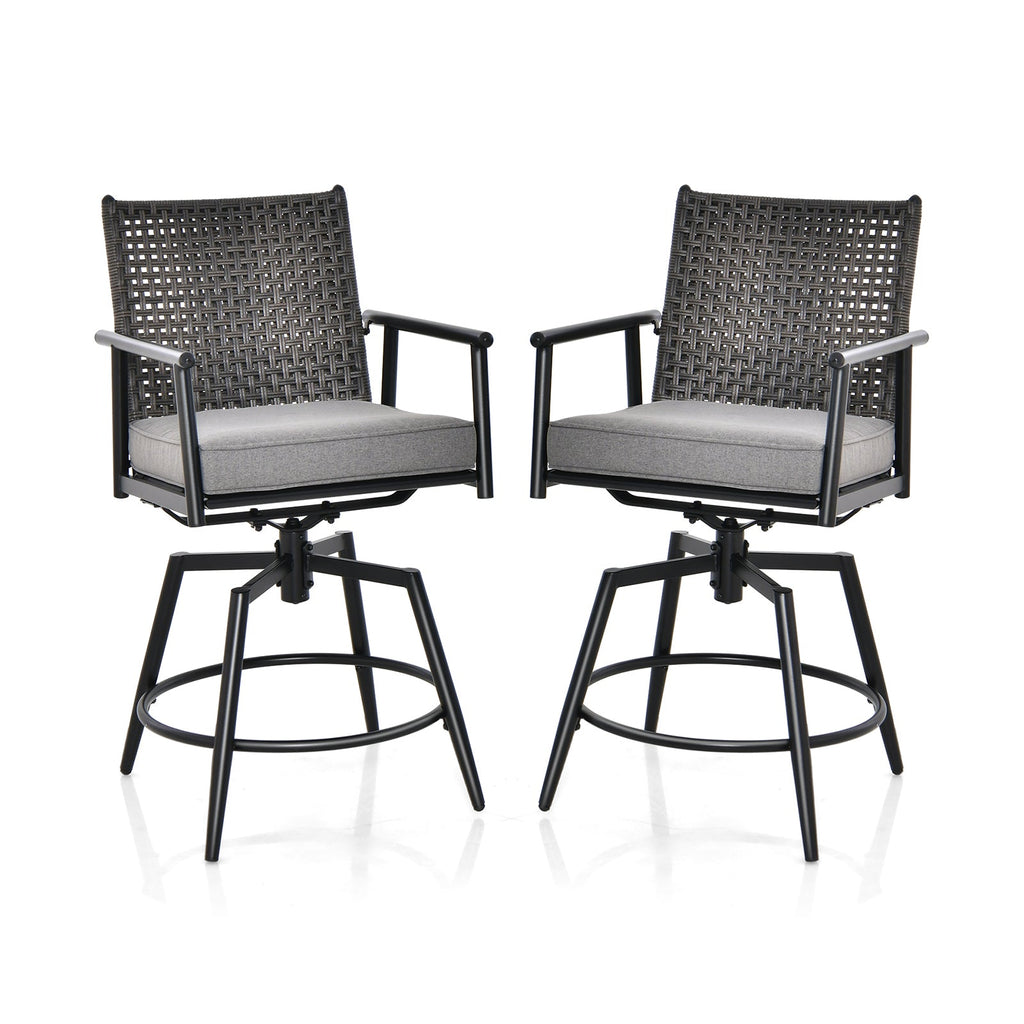360 Degree Swivel Bar Stool Set of 2 with Metal Frame and PE Rattan Backrest-Black