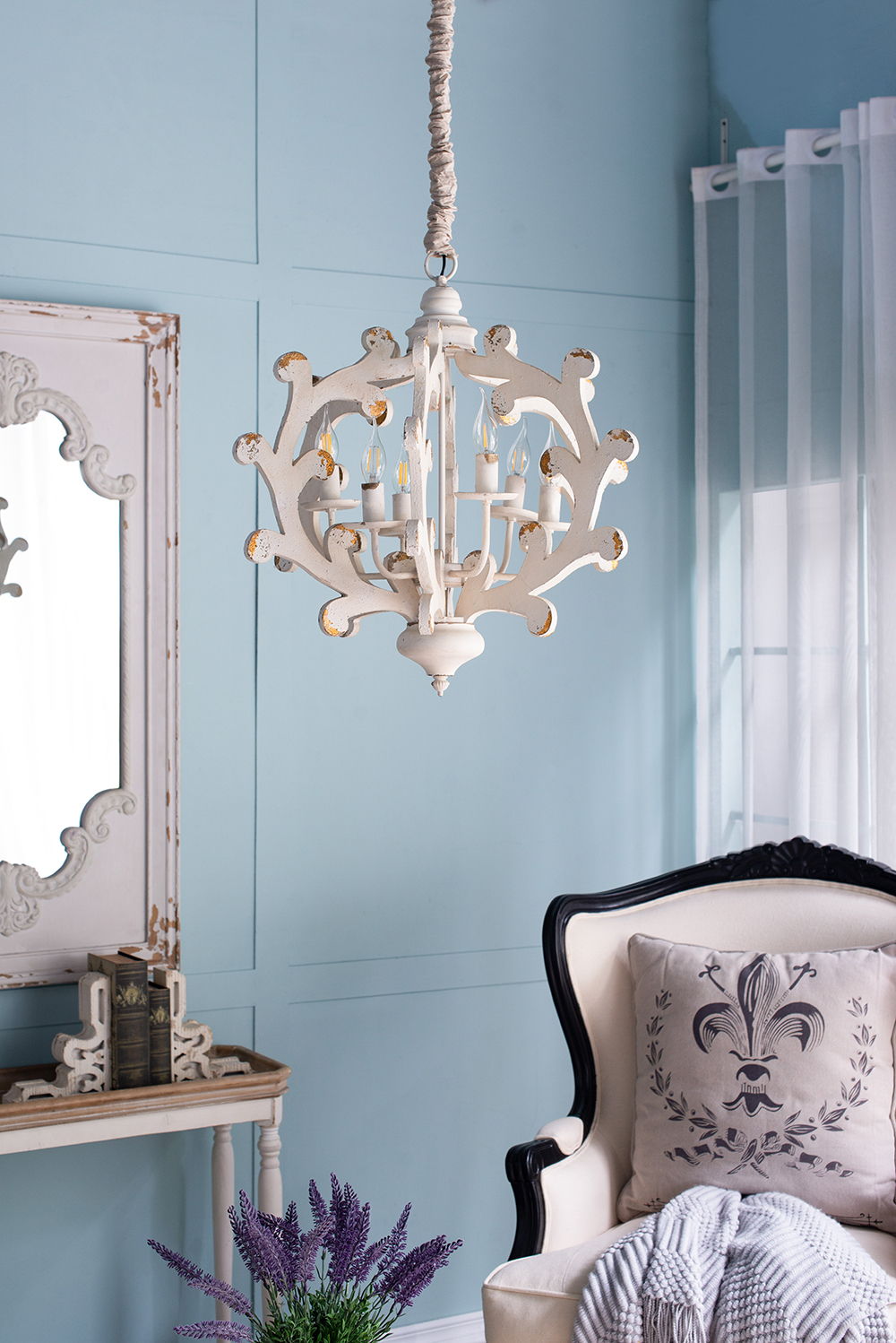 6 Light White Wood and Iron Chandelier with Adjustable Chain