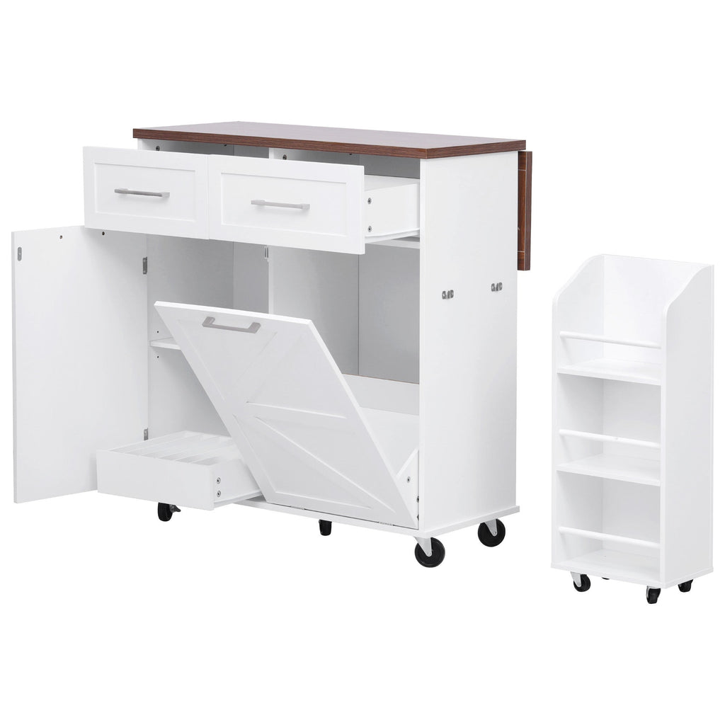 K&K 47.2' Farmhouse Kitchen Island with Drop Leaf, Kitchen Storage Island with Removable Side Racks, Two Drawers, Rolling Kitchen Cart on Wheels with Towel Rack, for Home, Kitchen, Dining Room, White