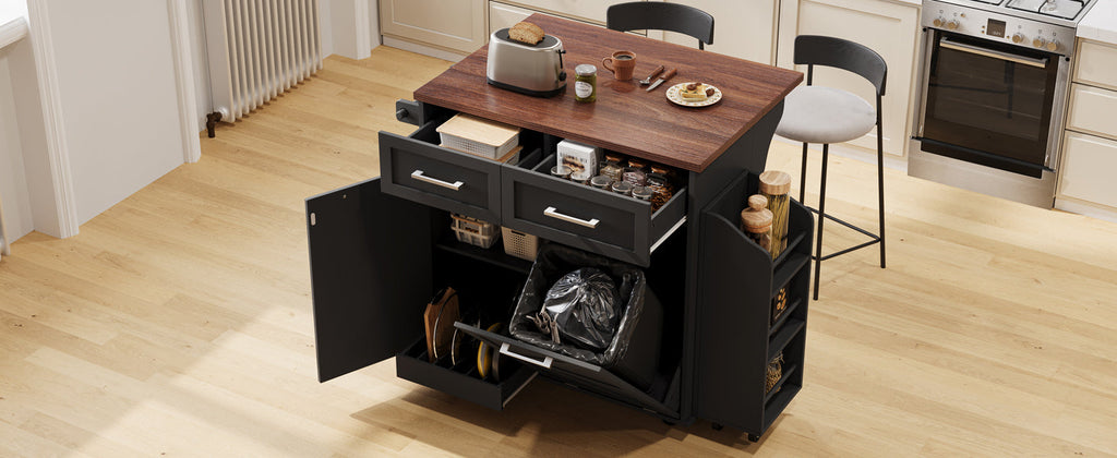 K&K 47.2' Farmhouse Kitchen Island with Drop Leaf, Kitchen Storage Island with Removable Side Racks, Two Drawers, Rolling Kitchen Cart on Wheels with Towel Rack, for Home, Kitchen, Dining Room, Black