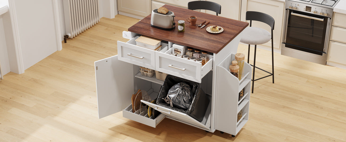 K&K 47.2' Farmhouse Kitchen Island with Drop Leaf, Kitchen Storage Island with Removable Side Racks, Two Drawers, Rolling Kitchen Cart on Wheels with Towel Rack, for Home, Kitchen, Dining Room, White