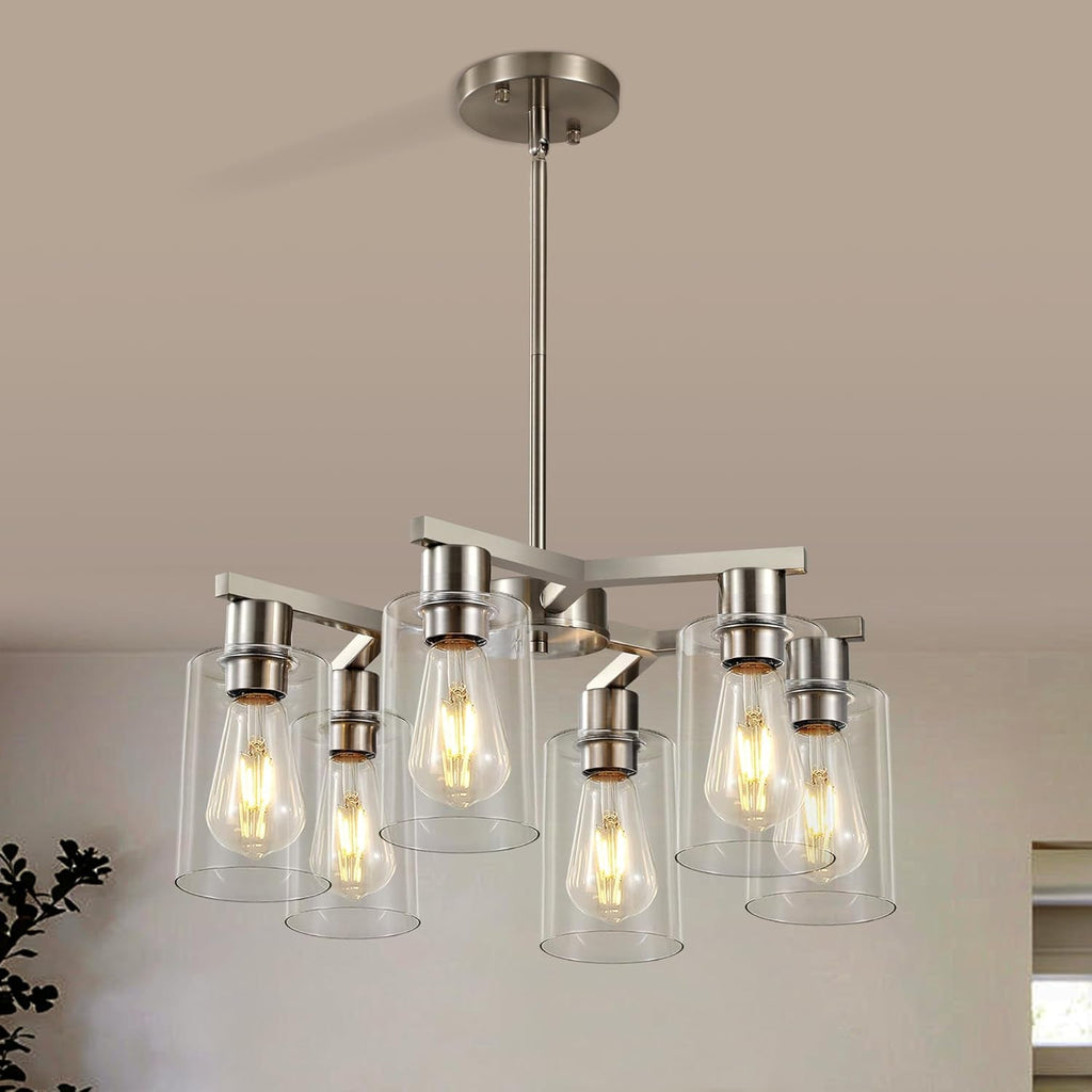 6 Light Farmhouse Brushed Nickel Pendant Chandelier