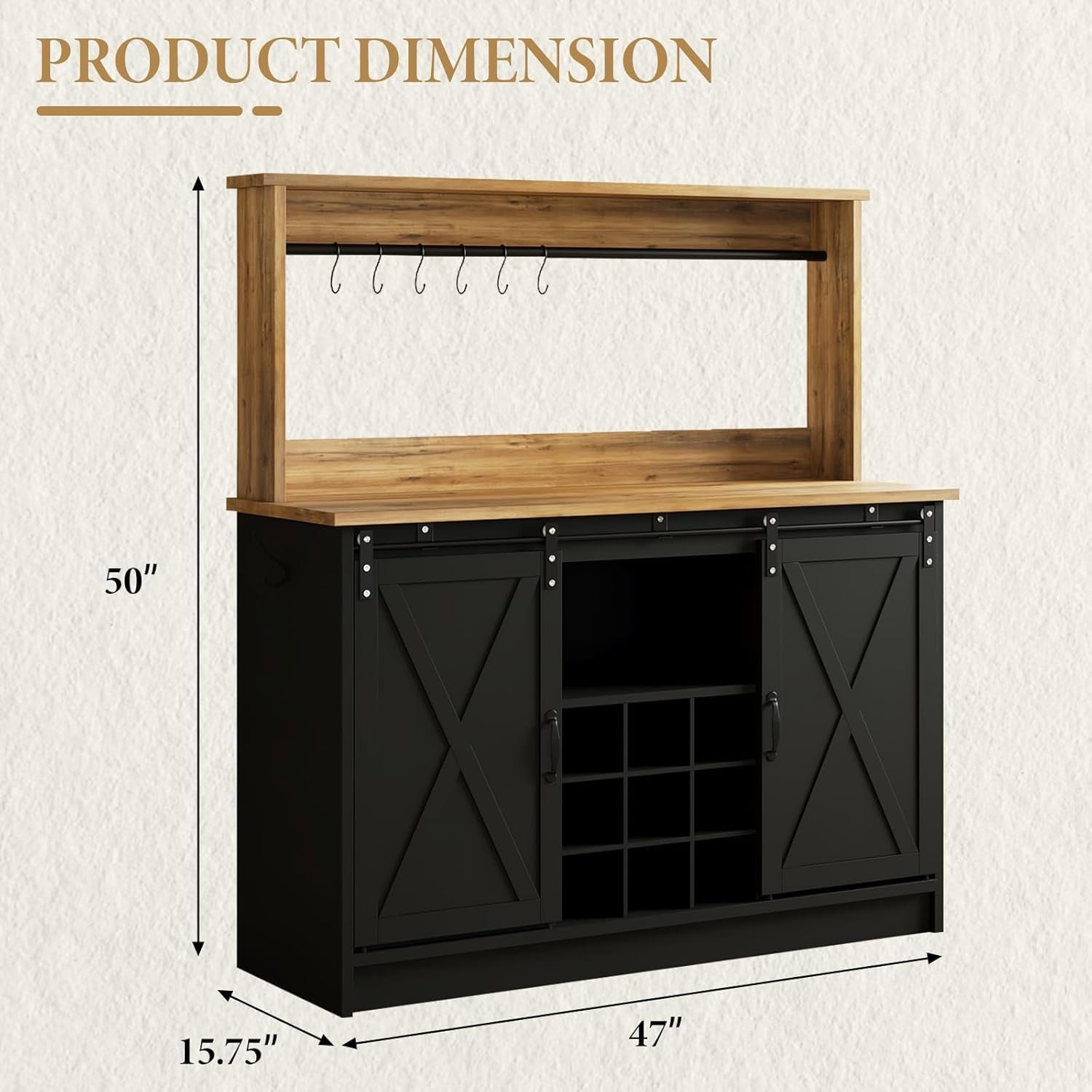 Black Farmhouse Coffee Bar Cabinet 47 Inch Hutch With Display Top