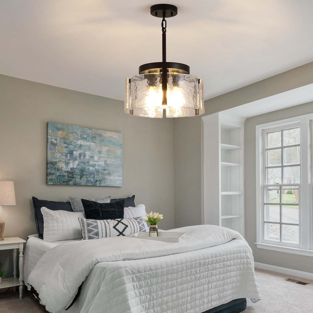 Black Adjustable Farmhouse Chandelier For Dining Room With Hammered Glass