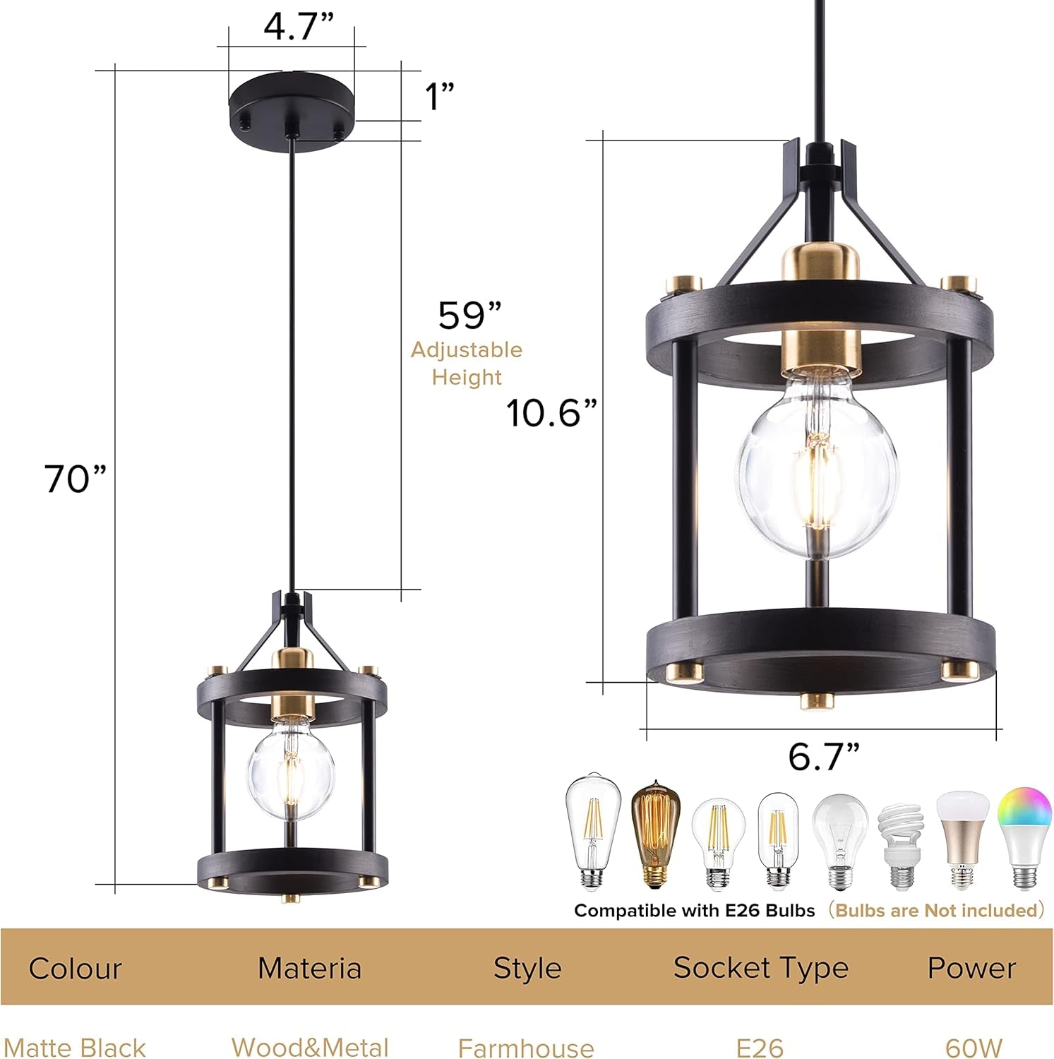 Black Farmhouse Pendant Lights With Adjustable Cords