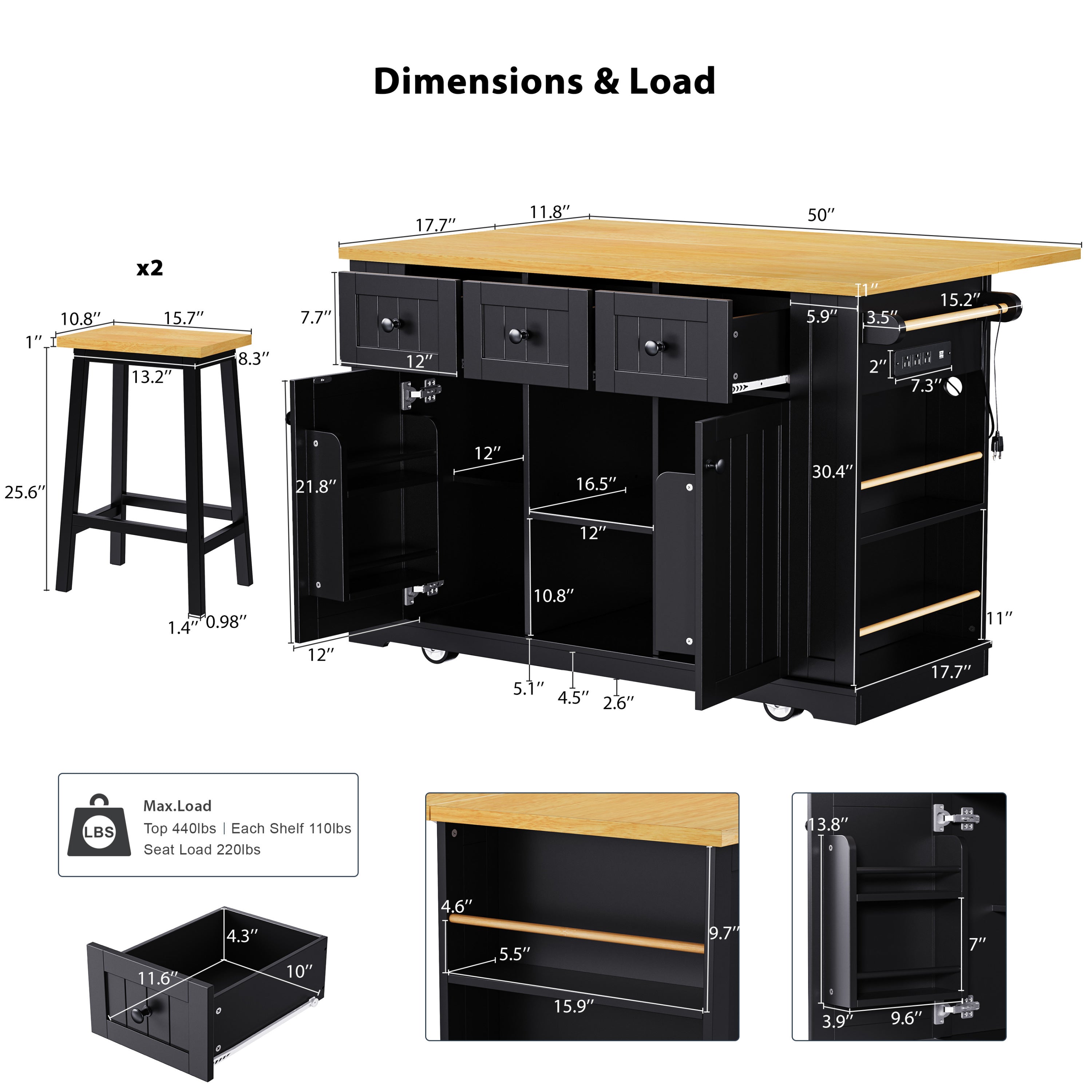 K&K 53inch Large Kitchen Island with 2 Bar Stools, Power Outlet,Door Internal Storage Rack, Kitchen Storage Cart on 5 Wheels with Drop Leaf, 5 Open Side Racks, 3 Drawers, for Kitchen,Dining Room,Black