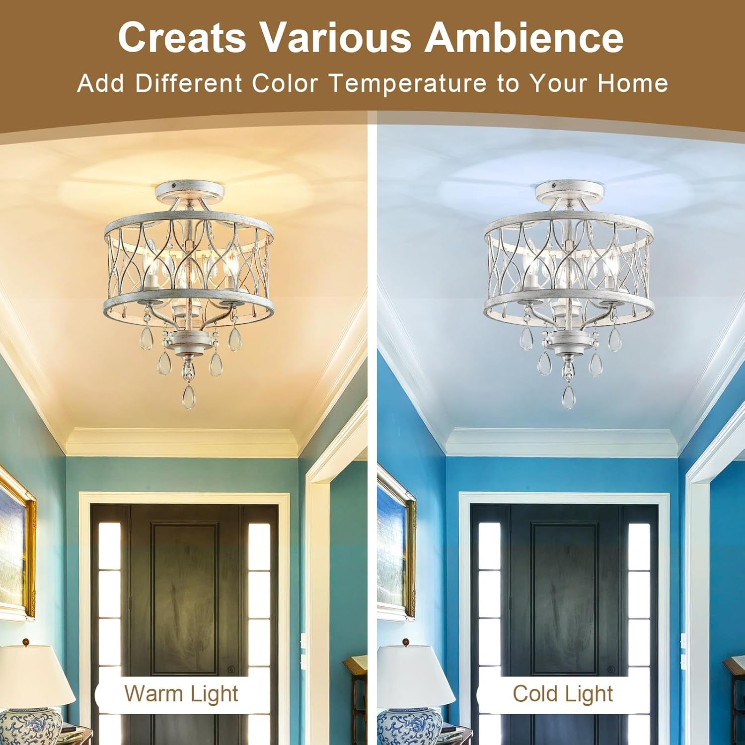 Farmhouse Crystal Ceiling Light Three Light White Fixture