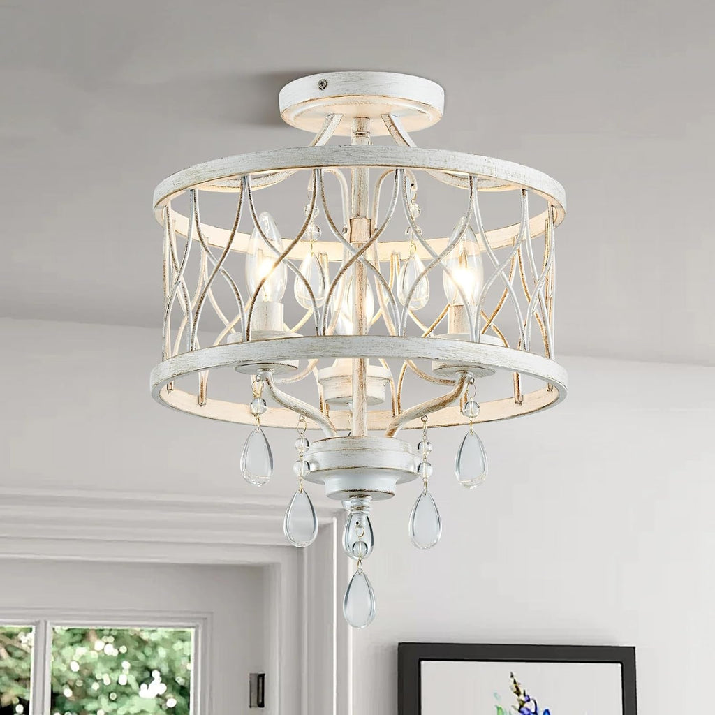 Farmhouse Crystal Ceiling Light Three Light White Fixture