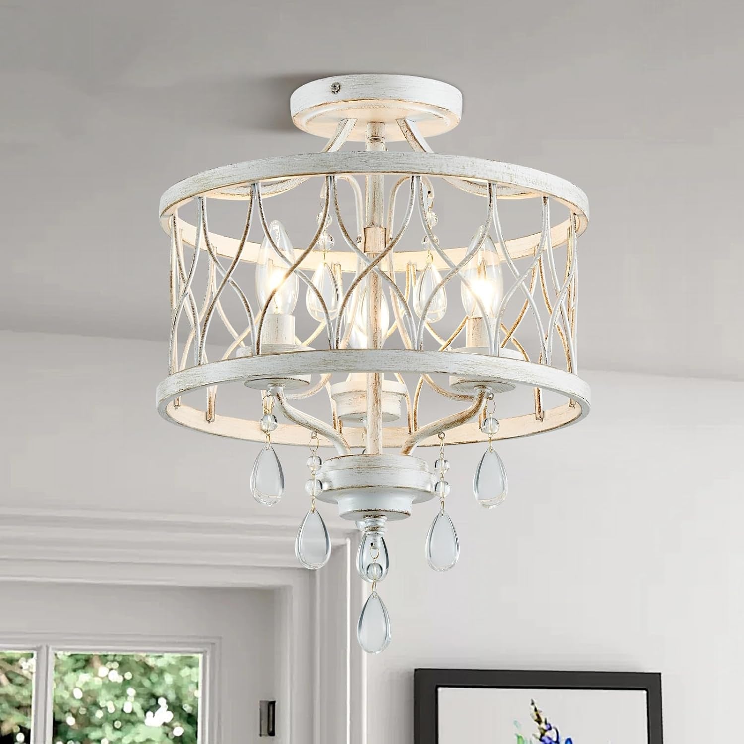 Farmhouse Crystal Ceiling Light Three Light White Fixture