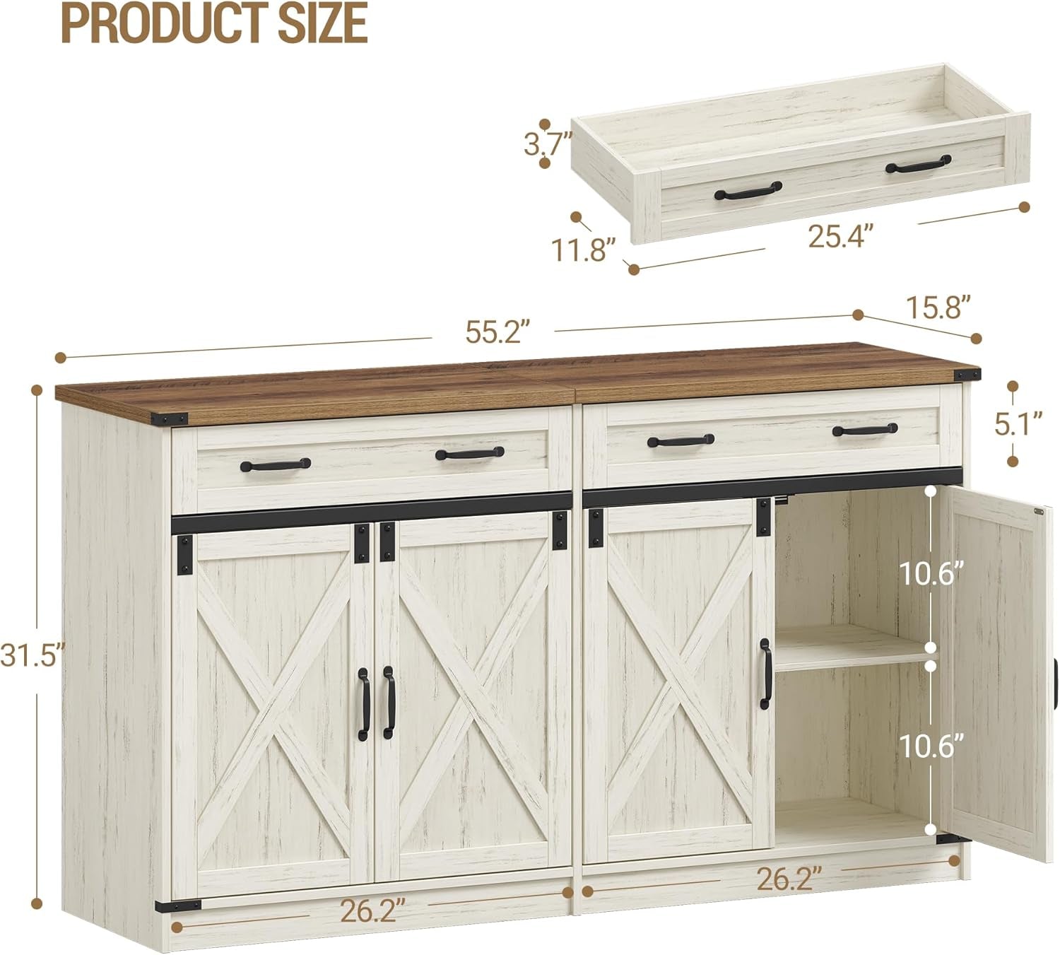 White Brown Farmhouse Buffet Cabinet Adjustable Shelves