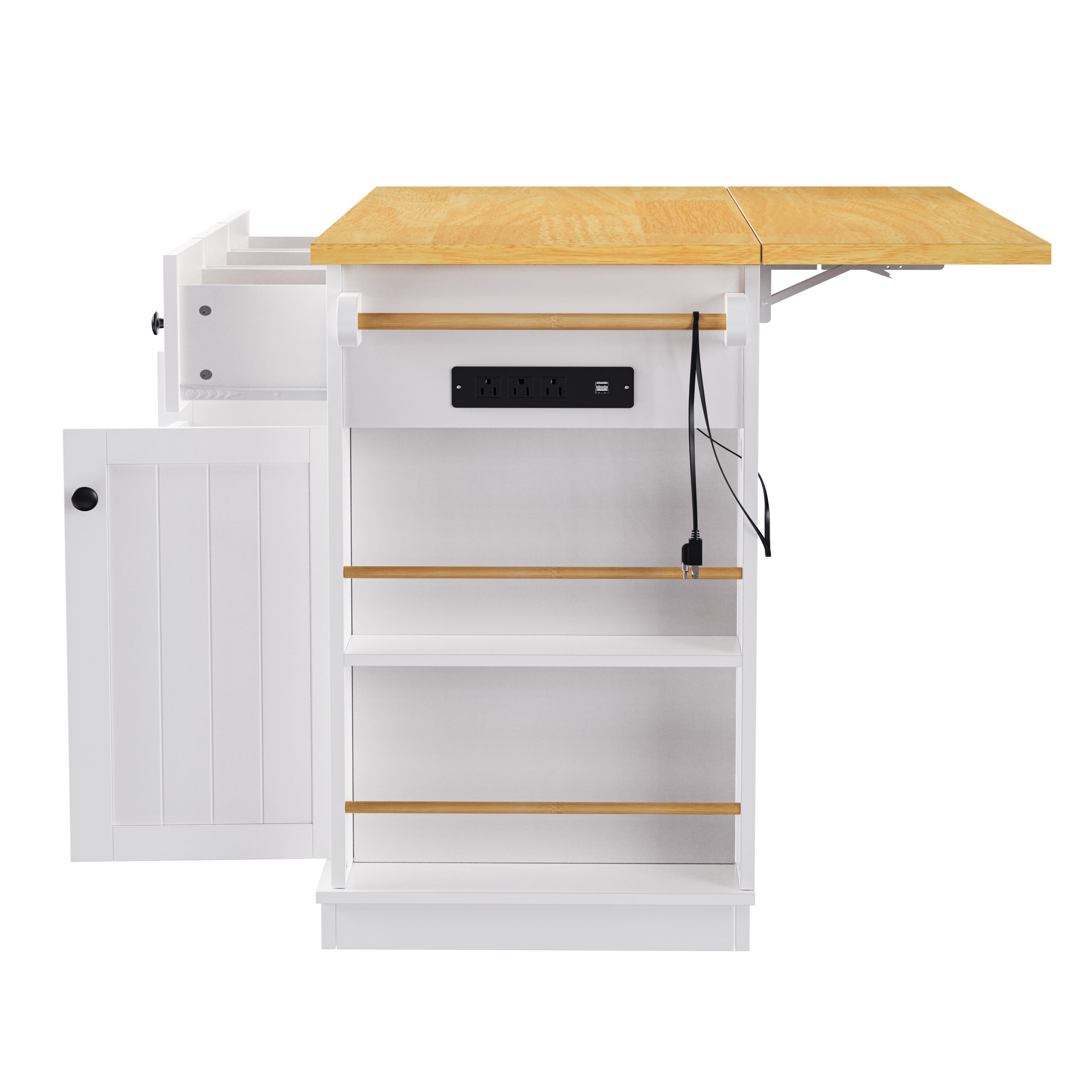 K&K 53inch Large Kitchen Island with 2 Bar Stools, Power Outlet,Door Internal Storage Rack, Kitchen Storage Cart on 5 Wheels with Drop Leaf, 5 Open Side Racks, 3 Drawers, for Kitchen,Dining Room,White