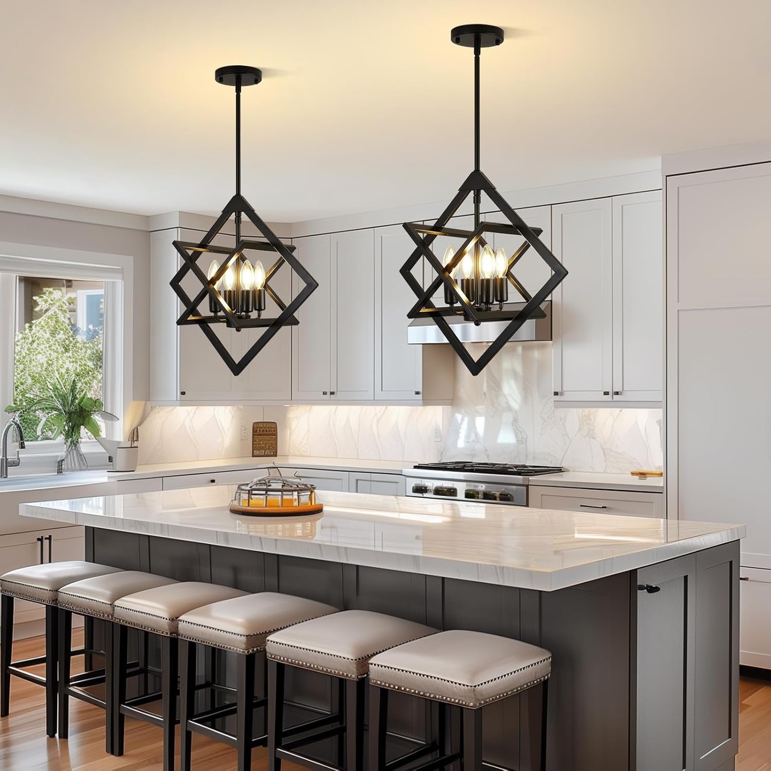 18 Inch Black Geometric Industrial Farmhouse Chandelier With 4 Lights Adjustable Height