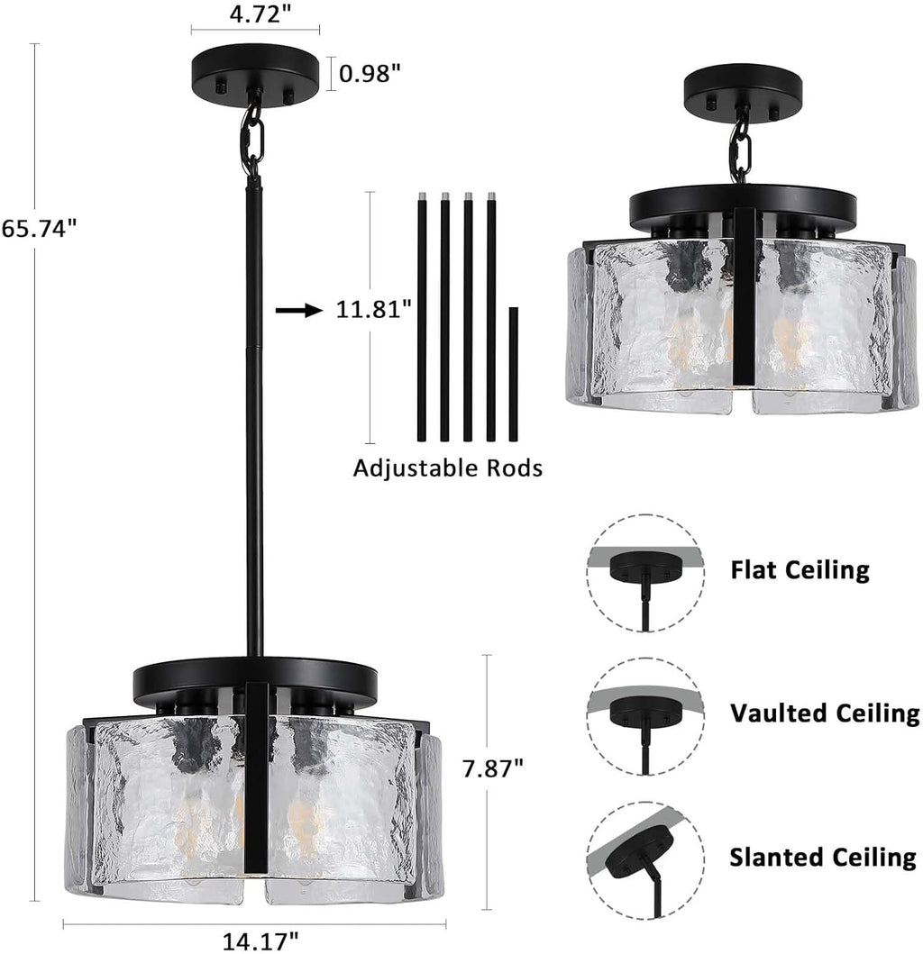 Black Adjustable Farmhouse Chandelier For Dining Room With Hammered Glass