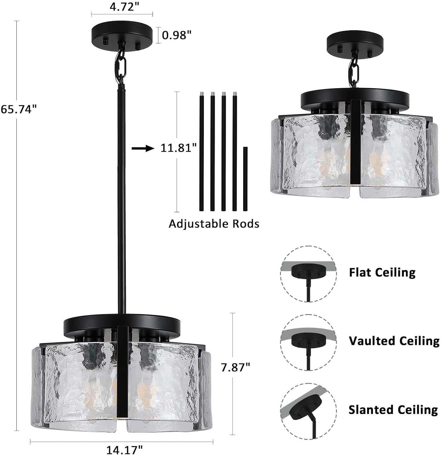 Black Adjustable Farmhouse Chandelier For Dining Room With Hammered Glass