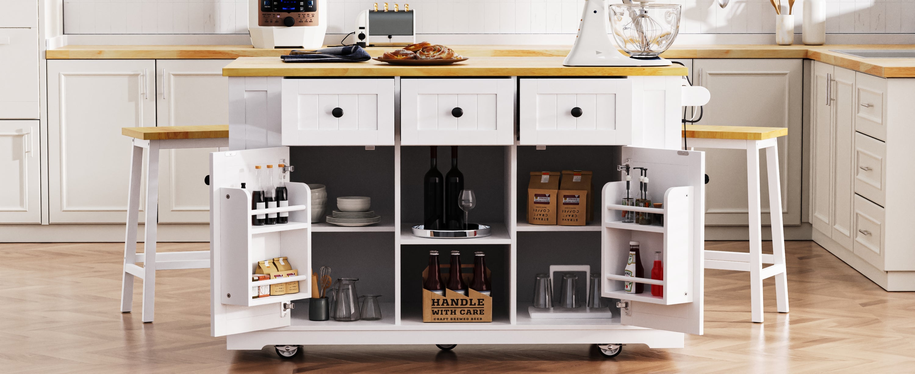 K&K 53inch Large Kitchen Island with 2 Bar Stools, Power Outlet,Door Internal Storage Rack, Kitchen Storage Cart on 5 Wheels with Drop Leaf, 5 Open Side Racks, 3 Drawers, for Kitchen,Dining Room,White