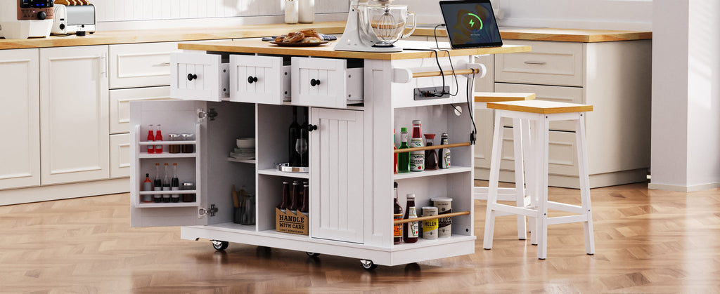 K&K 53inch Large Kitchen Island with 2 Bar Stools, Power Outlet,Door Internal Storage Rack, Kitchen Storage Cart on 5 Wheels with Drop Leaf, 5 Open Side Racks, 3 Drawers, for Kitchen,Dining Room,White