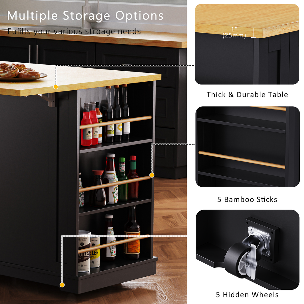 K&K 53inch Large Kitchen Island with 2 Bar Stools, Power Outlet,Door Internal Storage Rack, Kitchen Storage Cart on 5 Wheels with Drop Leaf, 5 Open Side Racks, 3 Drawers, for Kitchen,Dining Room,Black