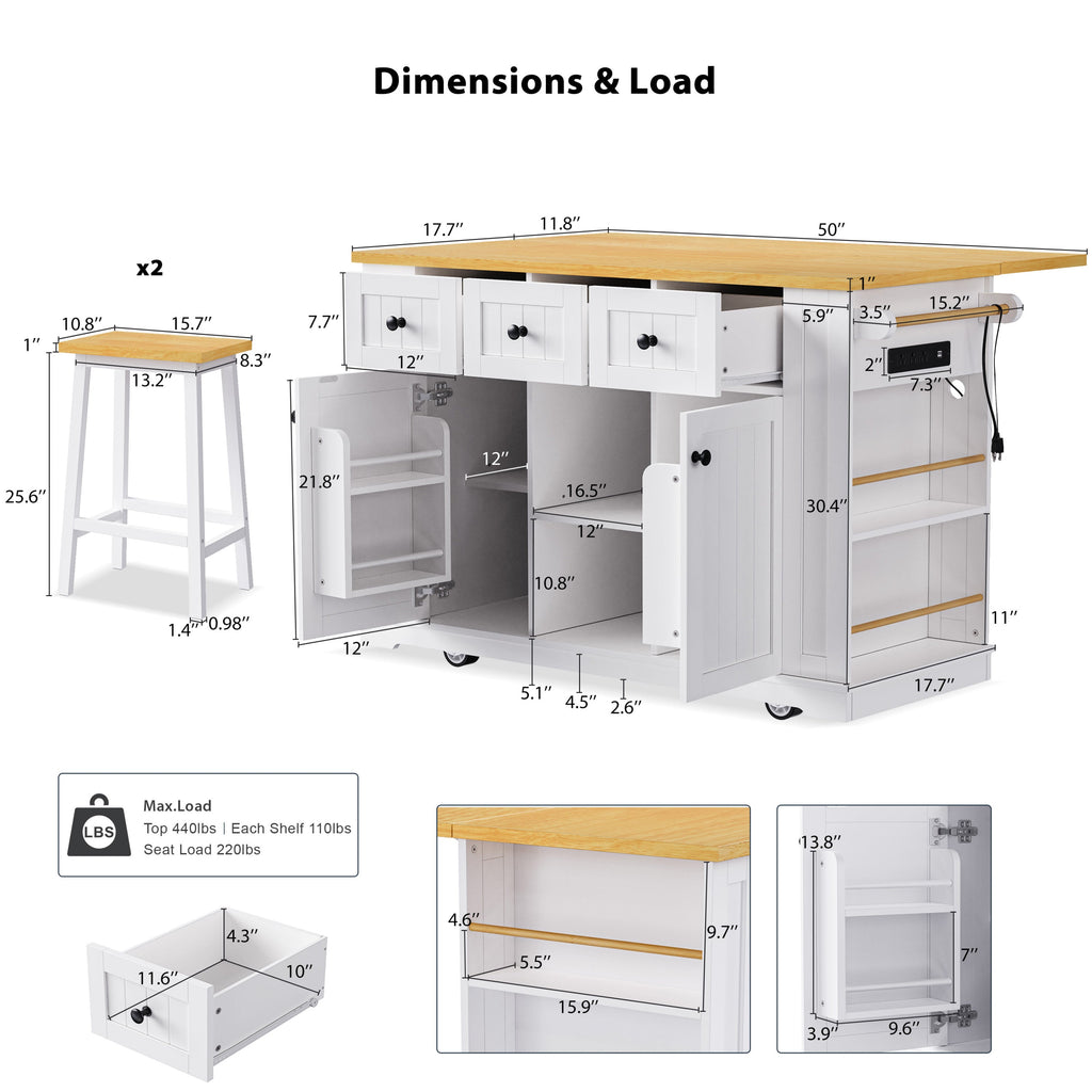 K&K 53inch Large Kitchen Island with 2 Bar Stools, Power Outlet,Door Internal Storage Rack, Kitchen Storage Cart on 5 Wheels with Drop Leaf, 5 Open Side Racks, 3 Drawers, for Kitchen,Dining Room,White