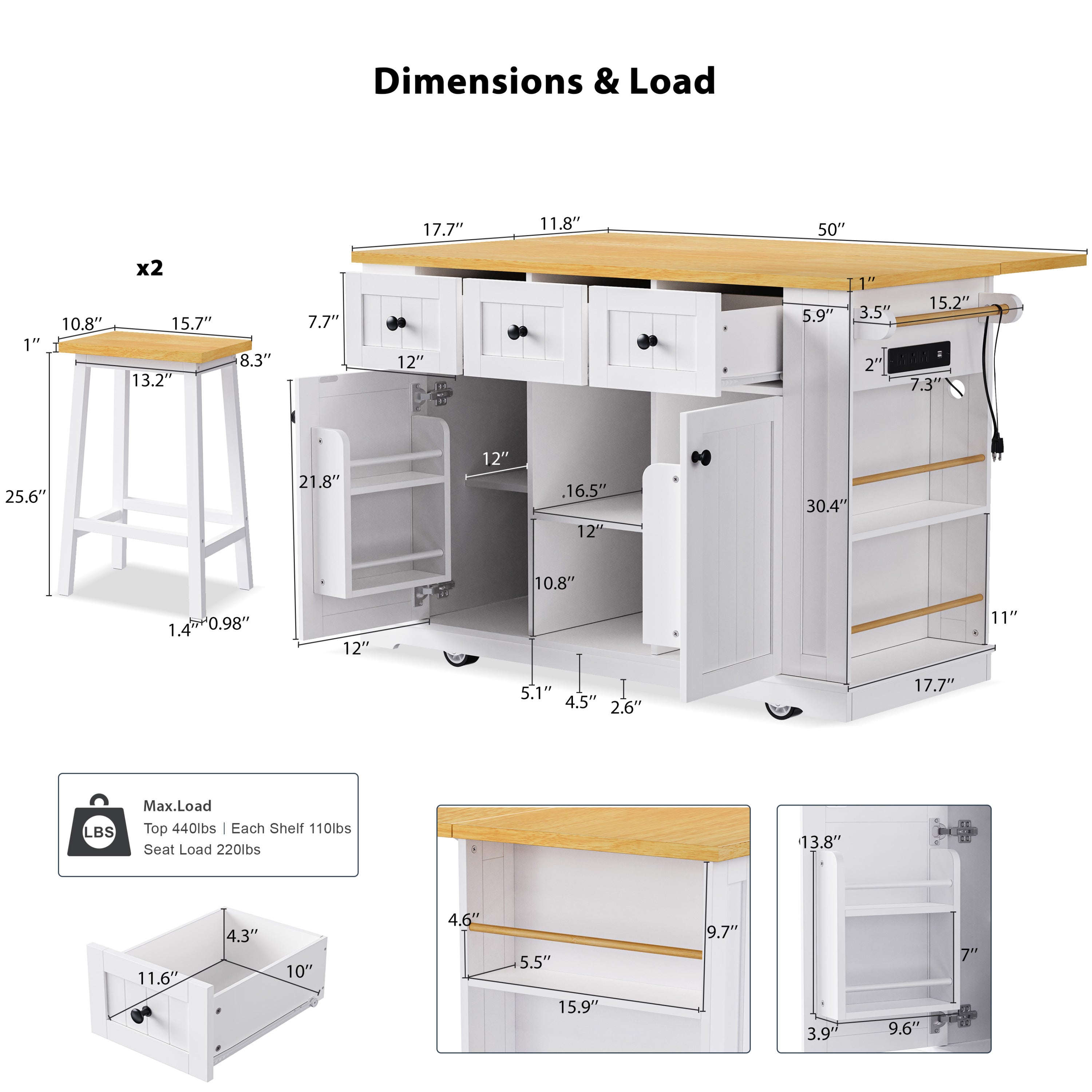 K&K 53inch Large Kitchen Island with 2 Bar Stools, Power Outlet,Door Internal Storage Rack, Kitchen Storage Cart on 5 Wheels with Drop Leaf, 5 Open Side Racks, 3 Drawers, for Kitchen,Dining Room,White