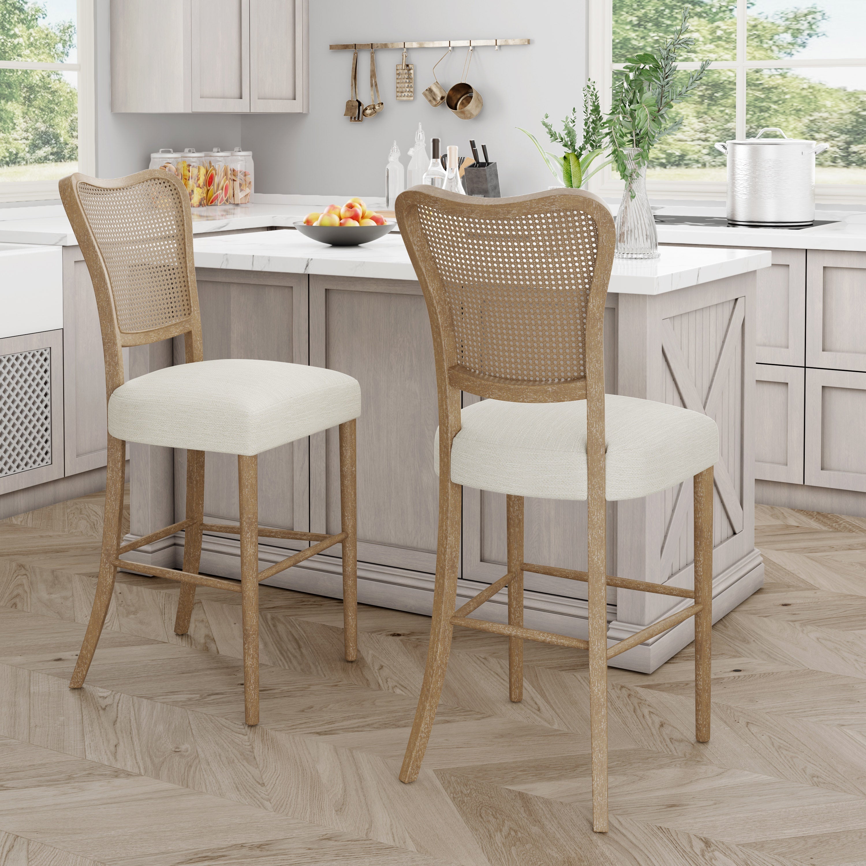 Cane-Back Upholstered Bar Stools Set of 2