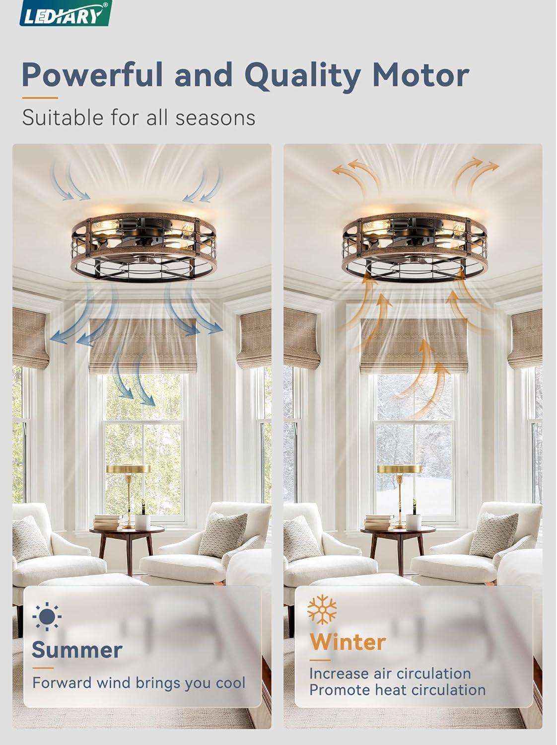 20 Inch Farmhouse Enclosed Ceiling Fan With Integrated LED Remote For Bedroom Kitchen Patio