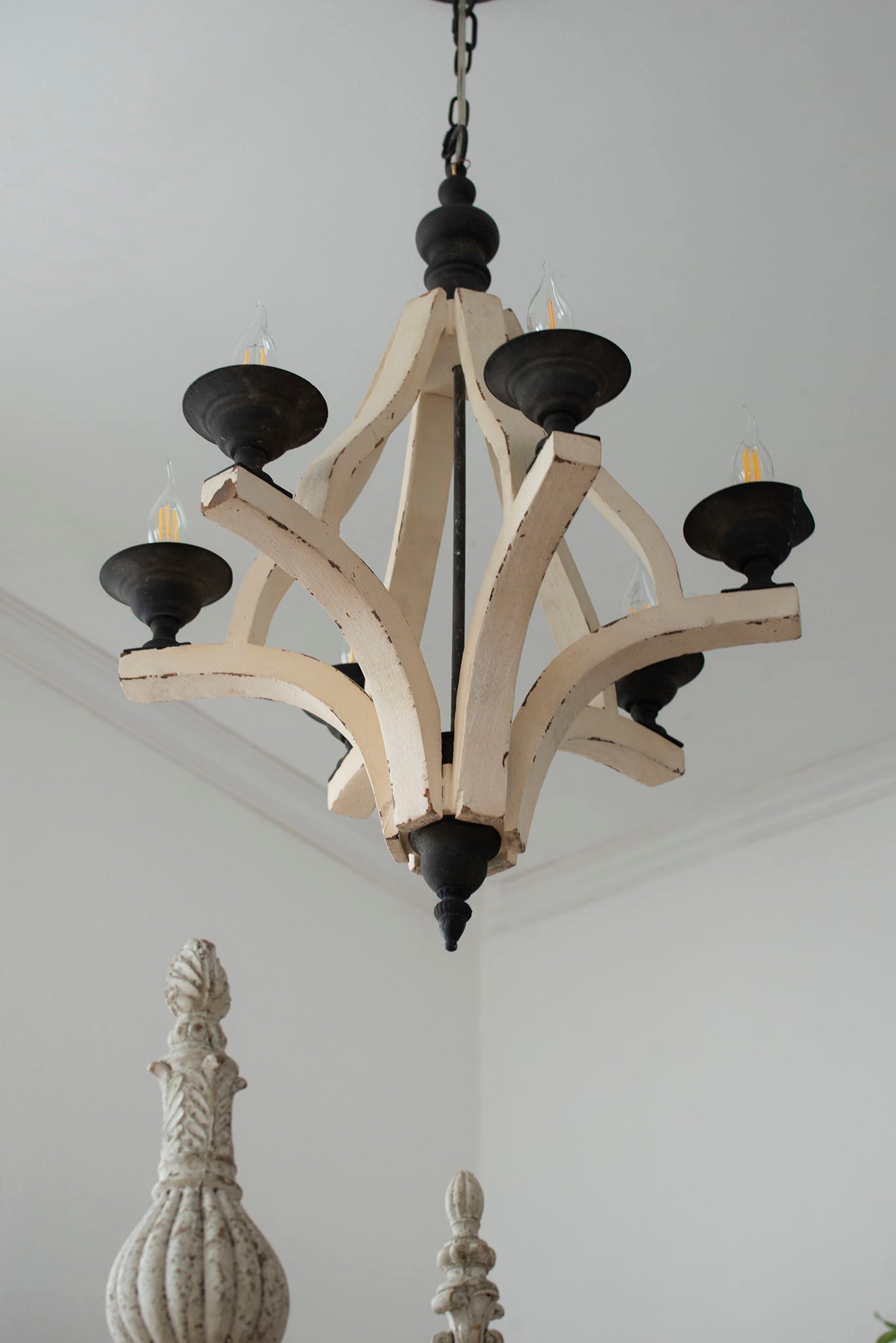 6 Light Wood Chandelier with Adjustable Chain - Cream