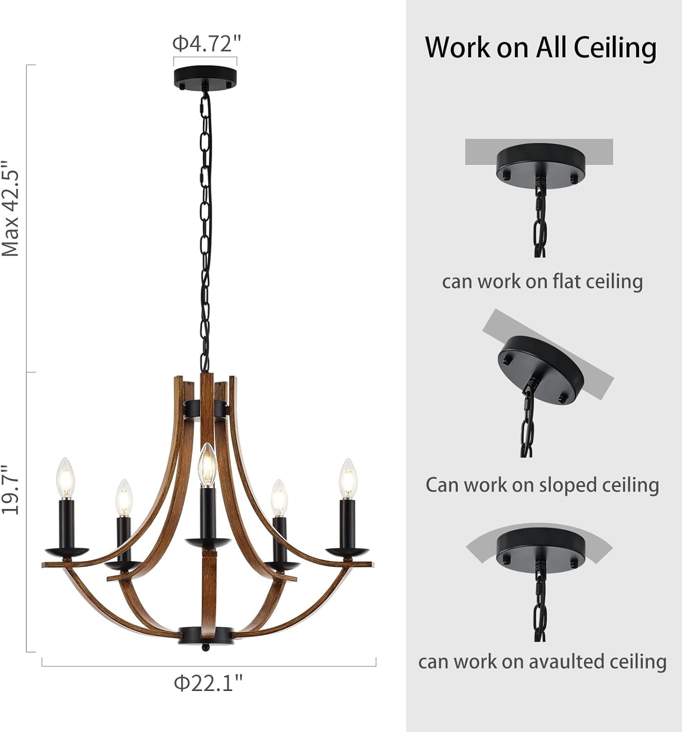 22 Inch Farmhouse Wooden Chandelier In Black Finish For Dining Room Lighting With Candle Style Ambience
