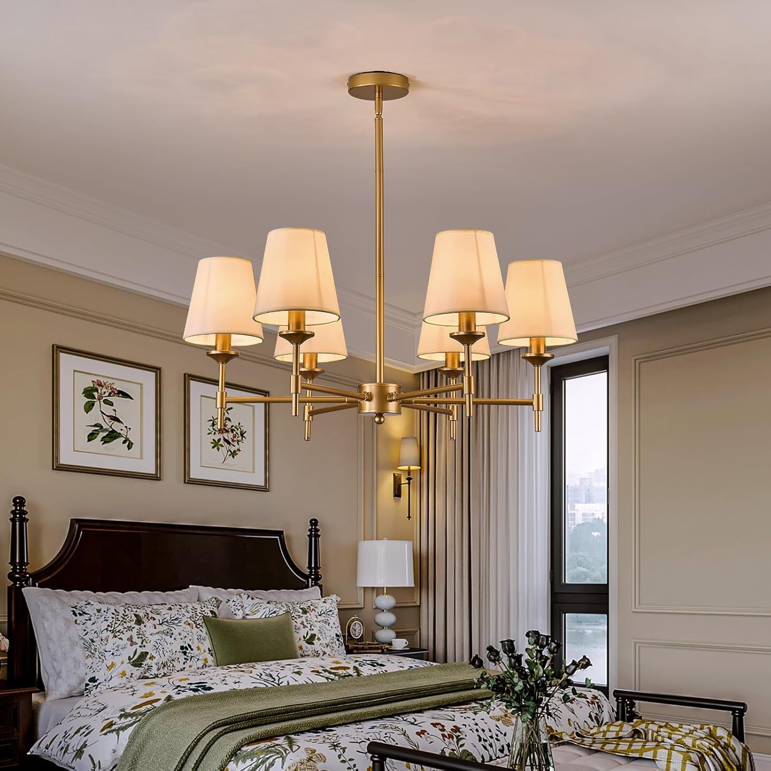 Gold Farmhouse Chandelier 6 Light Linen Shade Fixture