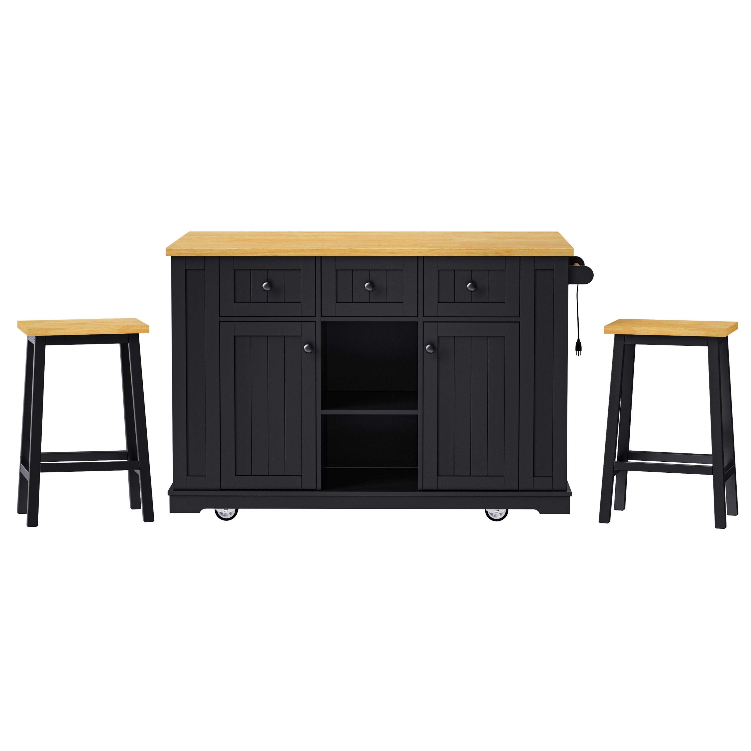 K&K 53inch Large Kitchen Island with 2 Bar Stools, Power Outlet,Door Internal Storage Rack, Kitchen Storage Cart on 5 Wheels with Drop Leaf, 5 Open Side Racks, 3 Drawers, for Kitchen,Dining Room,Black