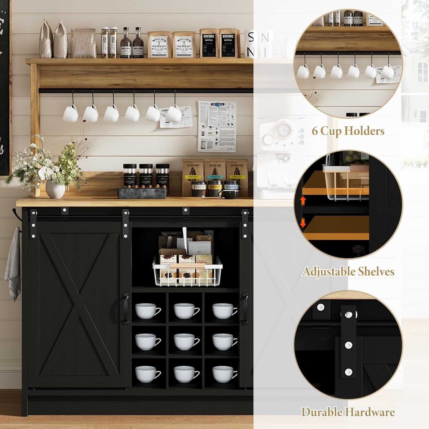 Black Farmhouse Coffee Bar Cabinet 47 Inch Hutch With Display Top