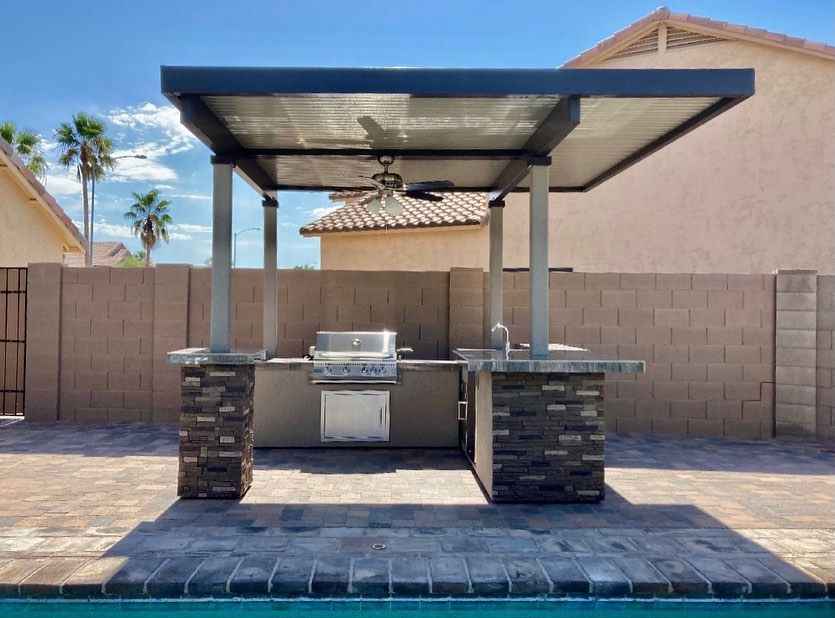 KoKoMo Outdoor Kitchen BBQ Island with 12' x 12' Pergola – Built-In 4-Burner Grill, Refrigerator, and Lighting