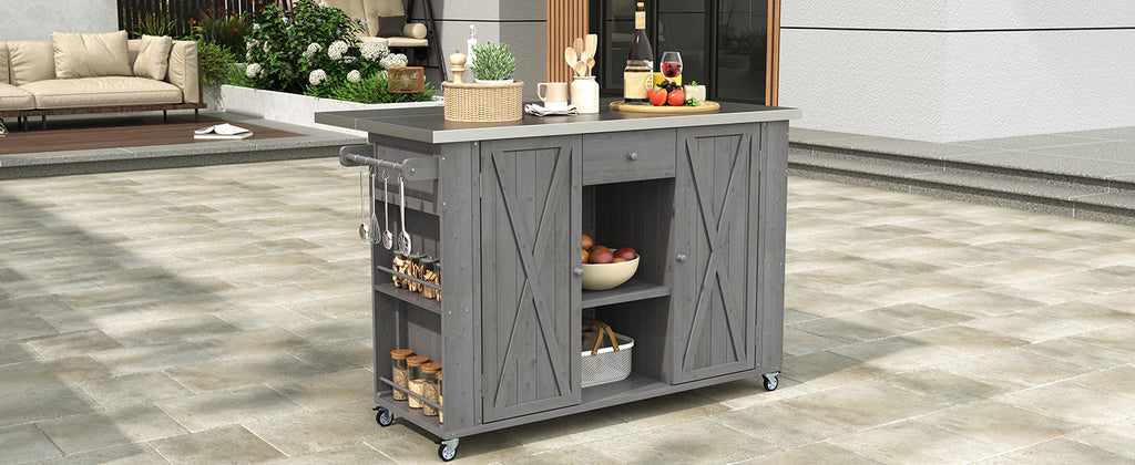 Outdoor Kitchen Island Fir Wood Kitchen Island with Stainless Steel Top, Ample Storage, Towel and Spice Racks, Bottle Opener, Grey