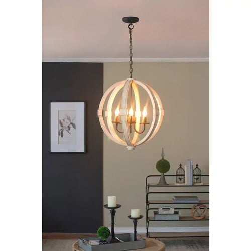 6-Light Wood Chandelier with Adjustable Chain for Kitchen & Entry hanging in a modern interior space.